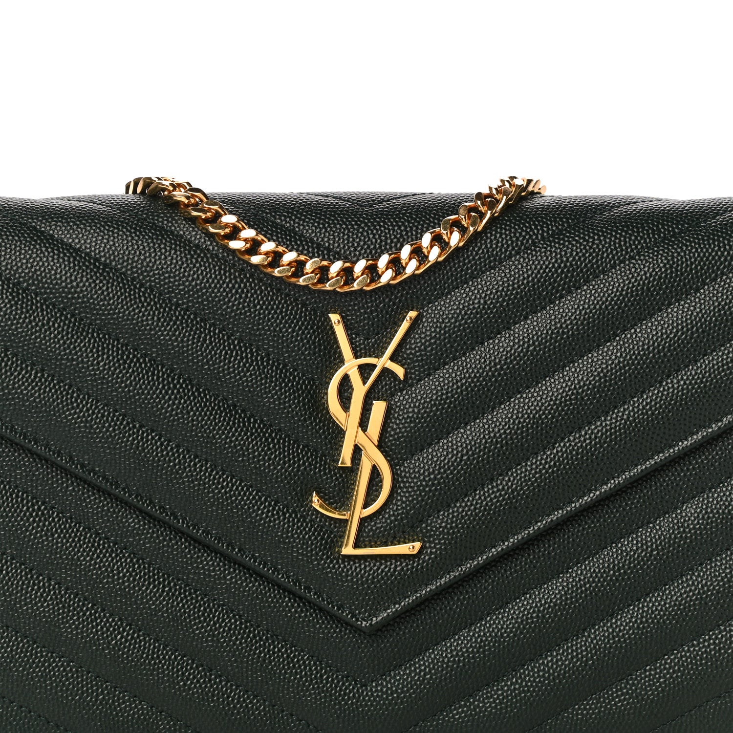 Saint Laurent Grain De Poudre Matelasse Chevron Monogram Chain Wallet Dark Green 6 of 9