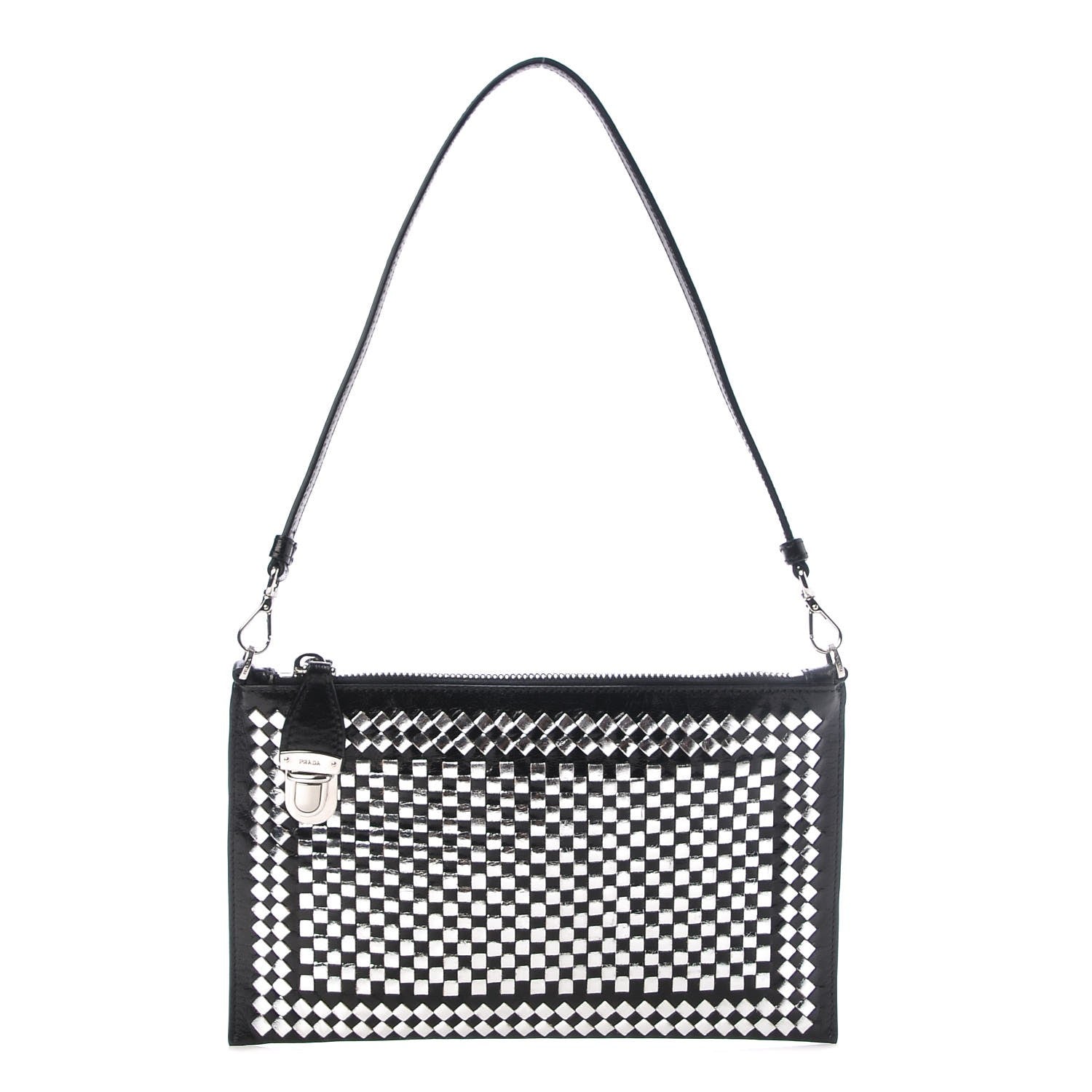 Prada Goatskin Woven Pochette Black Argento 1 of 7