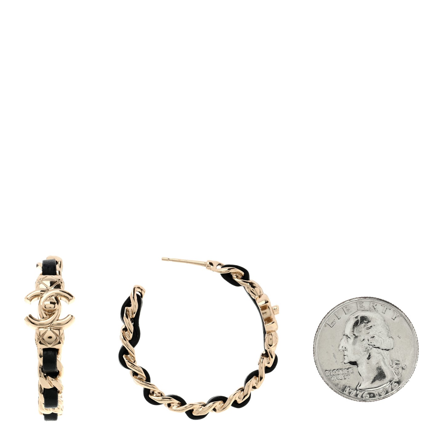 Metal Lambskin Quilted CC Turnlock Chain Hoop Earrings Gold Black
