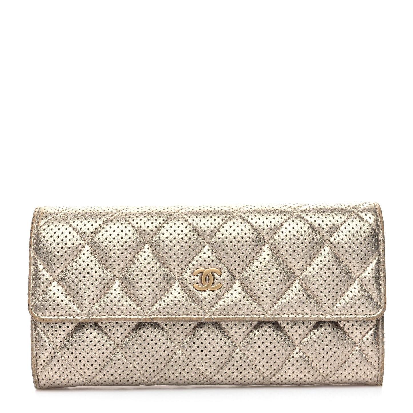 Metallic Perforated Lambskin Quilted Large Gusset Flap Wallet Light Pink