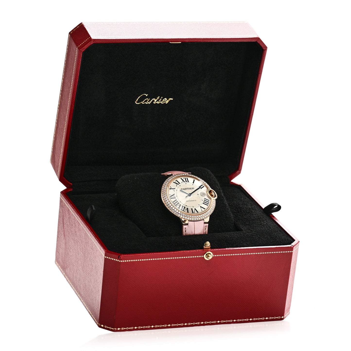 18K Pink Gold Alligator Diamond Bezel 42mm Ballon Bleu De Cartier Automatic Watch Pink