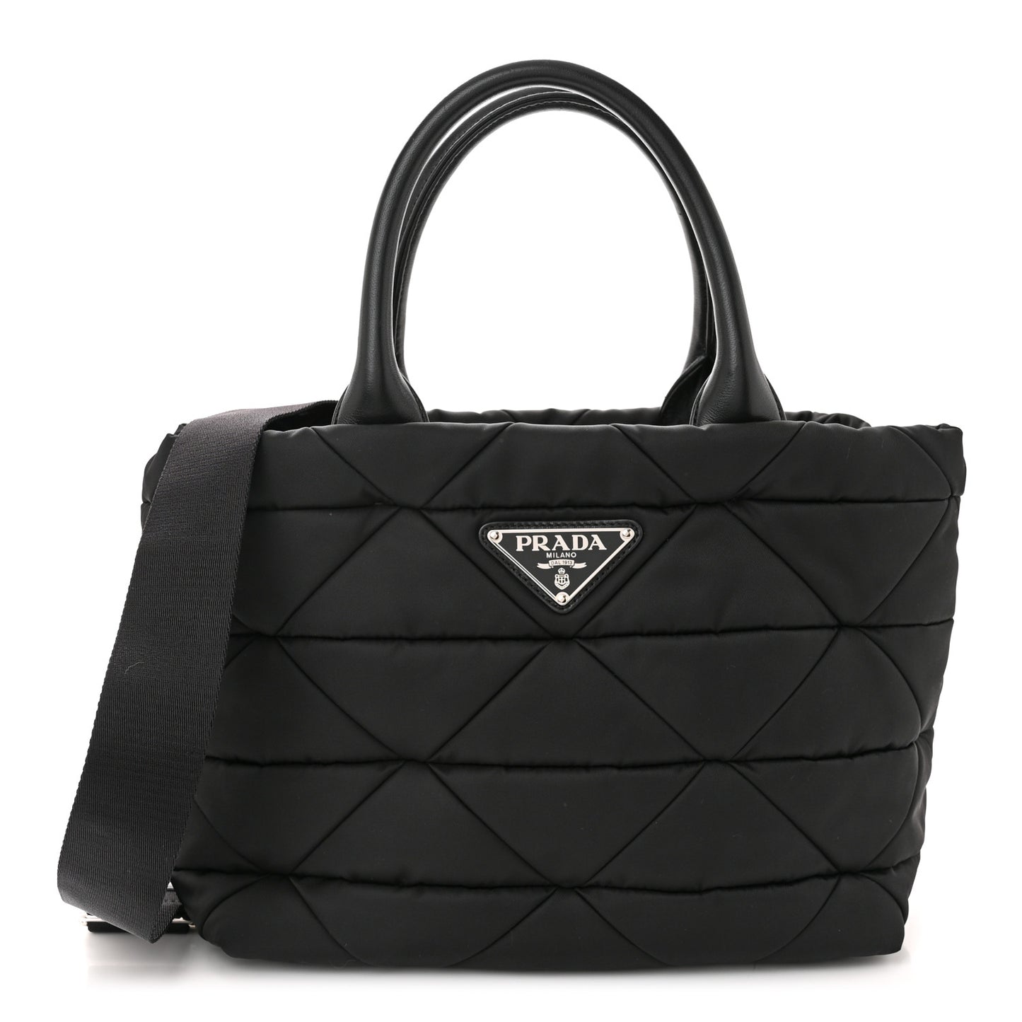 Re-Nylon Nappa Triangle Quilted Padded Small Double Handled Zip Tote Black