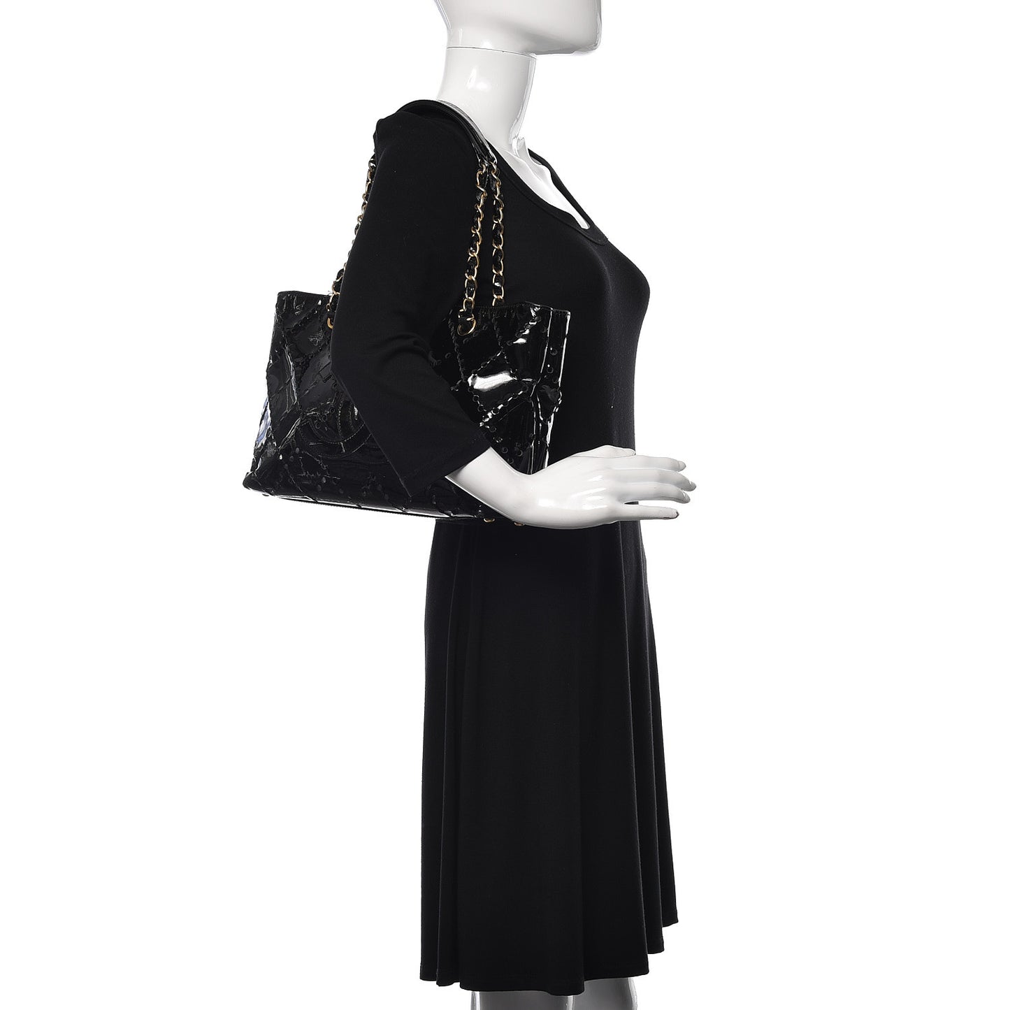 Patent Perforated CC Shopping Tote Black