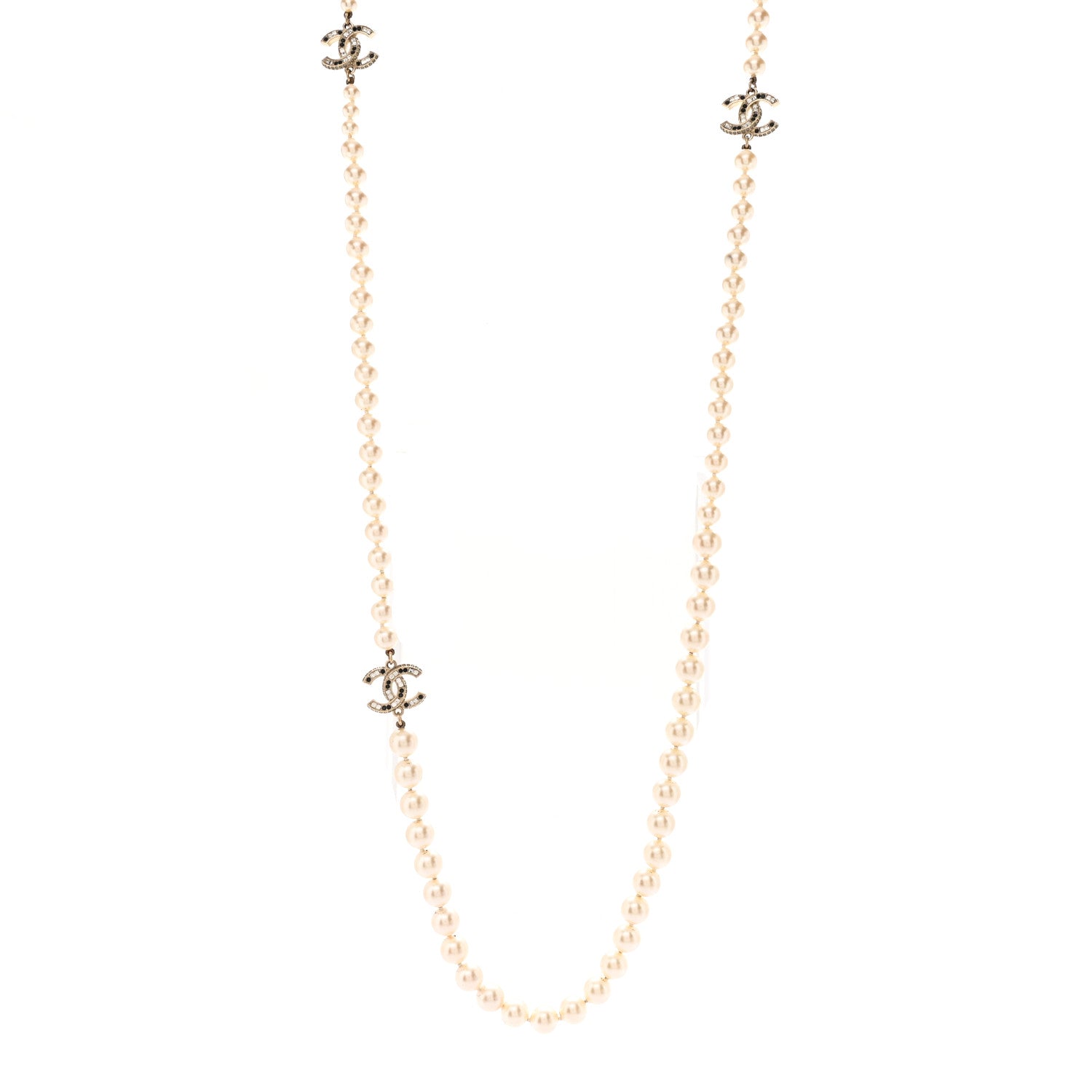 Chanel Baguette Crystal Pearl CC Long Necklace Black Gold 1 of 8
