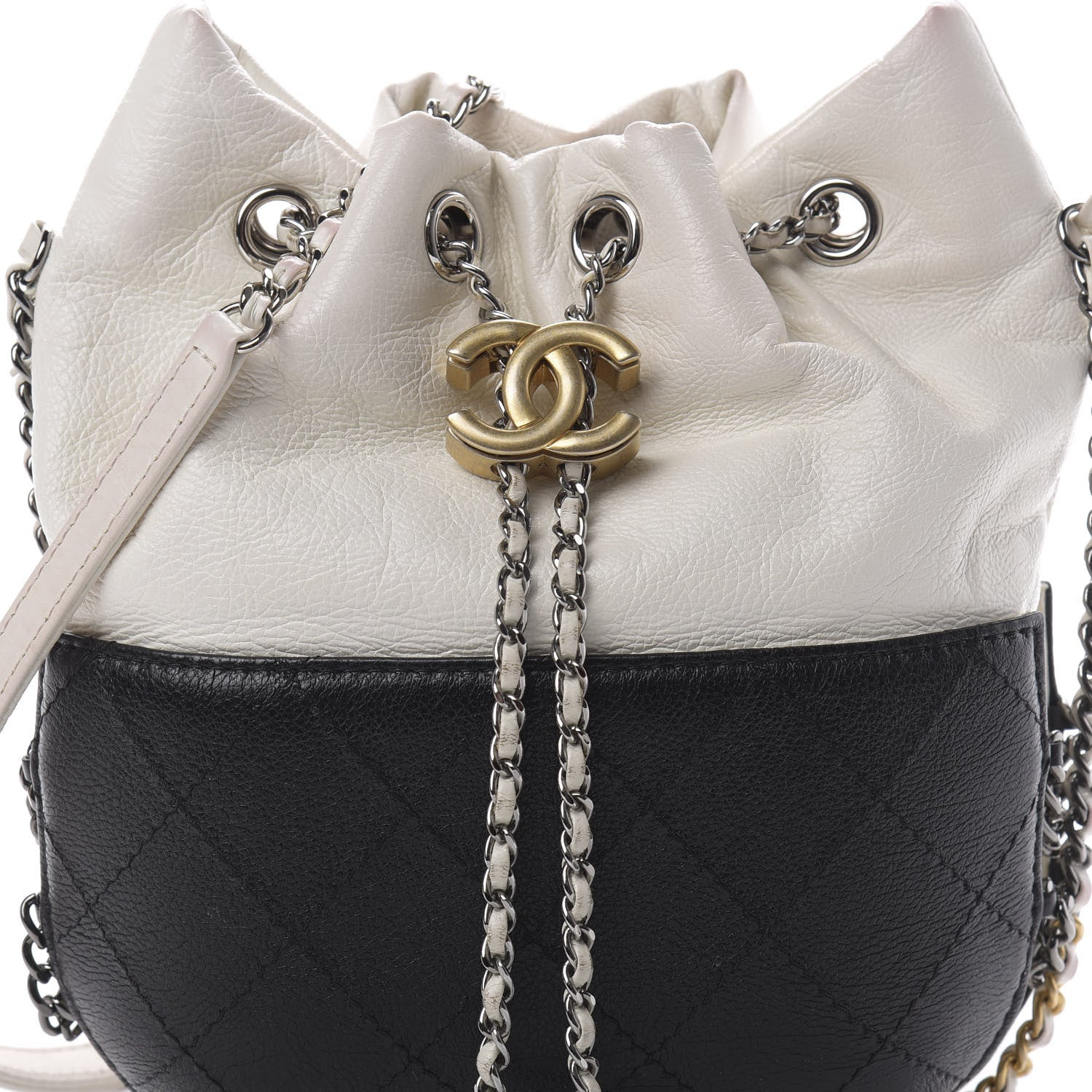 Chanel Aged Calfskin Quilted Small Gabrielle Bucket White Black 8 of 16