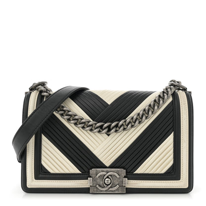 Chanel Calfskin Pleated Medium Boy In Rome Flap Black White 1 of 12