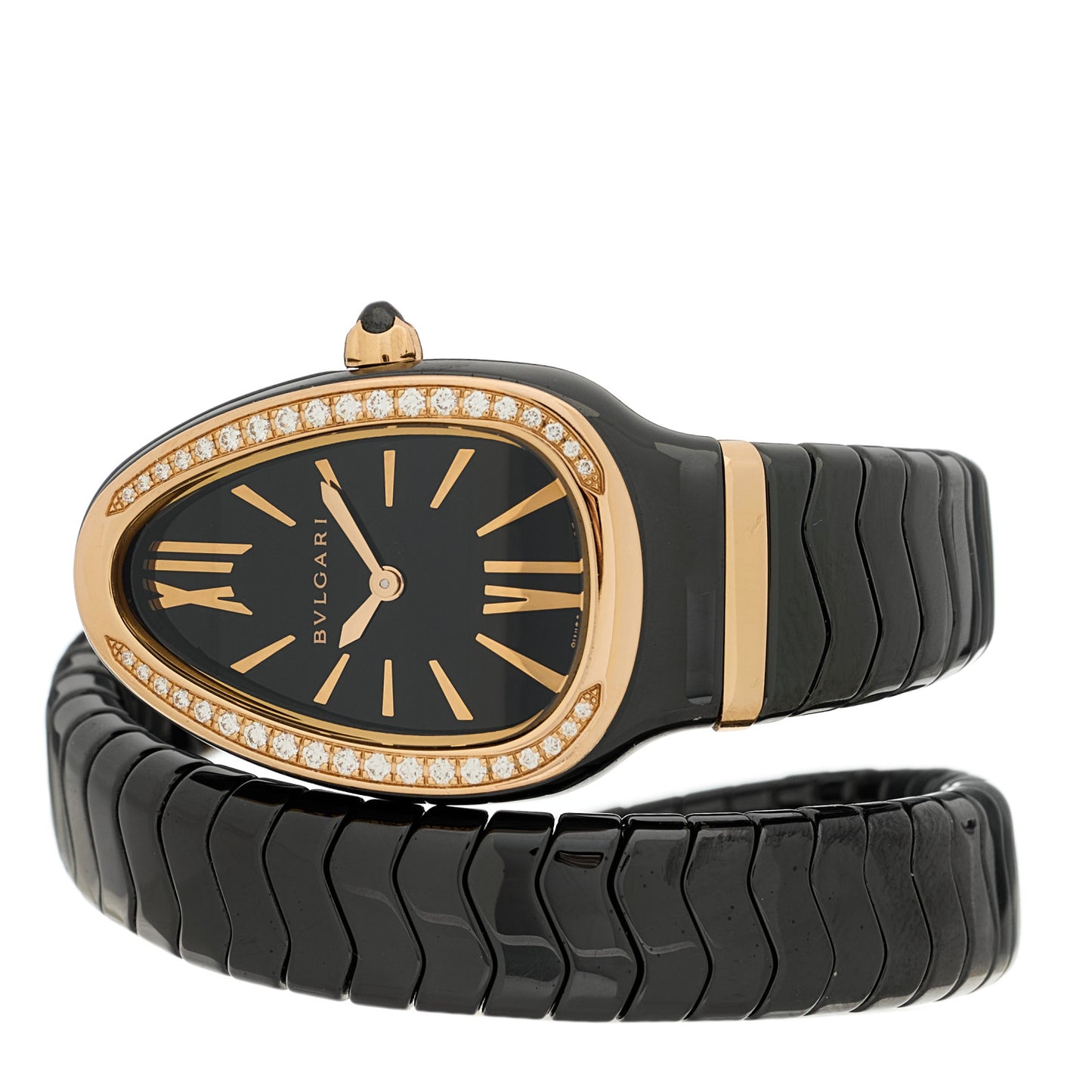 18K Rose Gold Ceramic Diamond Bezel 35mm Serpenti Tubogas Quartz Watch Black