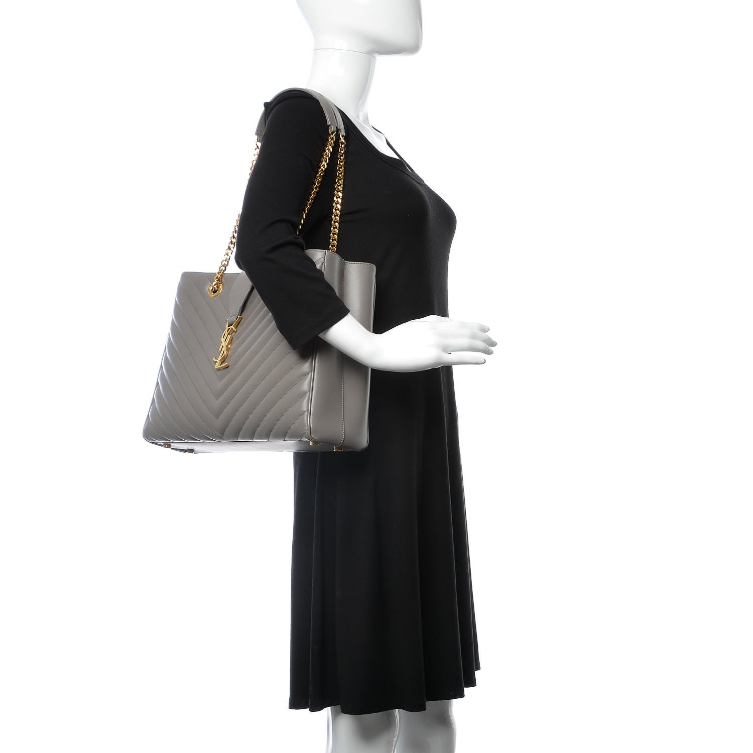 Saint Laurent Smooth Calfskin Matelasse Chevron Large Monogram Shopping Bag Grey 2 of 13