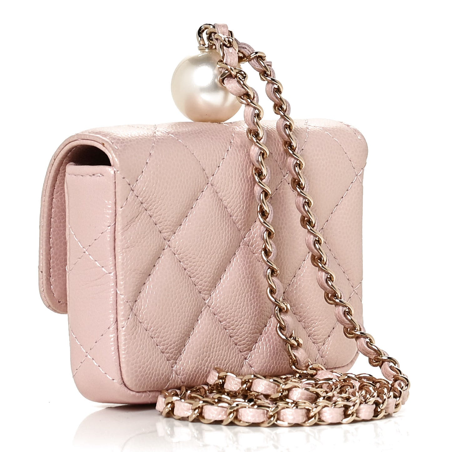 Iridescent Caviar Quilted Pearl On Top Coin Purse With Chain Light Pink