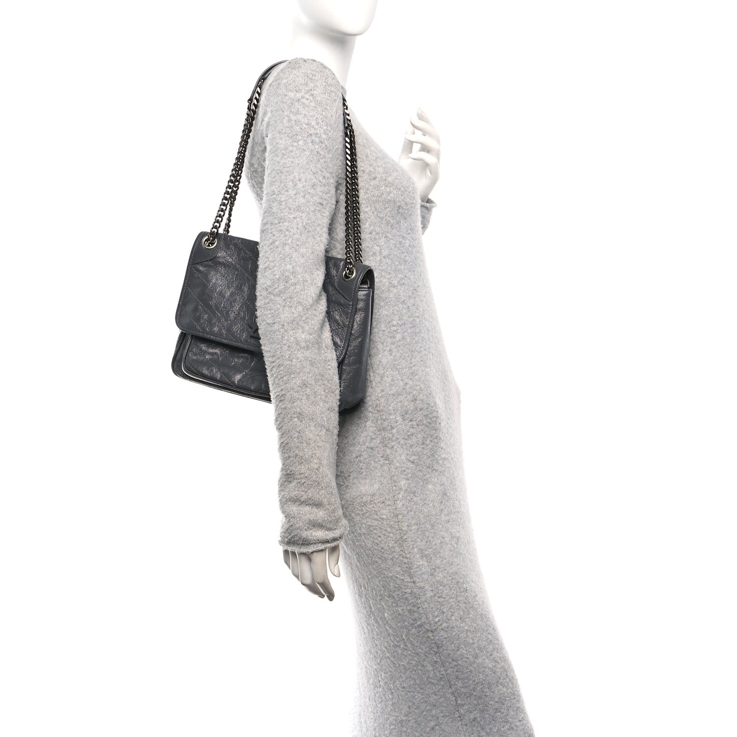 Crinkled Calfskin Matelasse Monogram Medium Niki Chain Satchel Fog