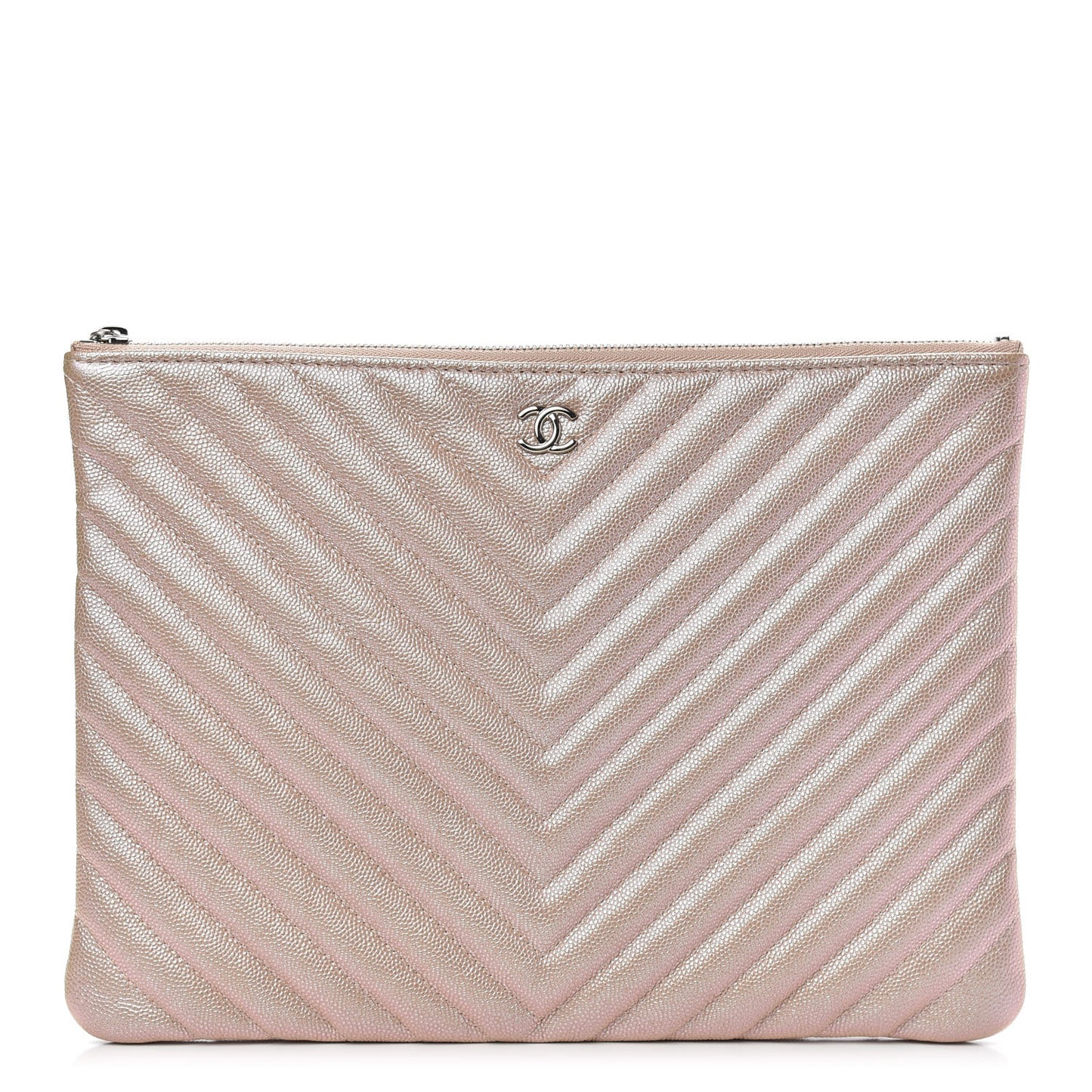Iridescent Caviar Chevron Quilted Medium Cosmetic Case Light Gold