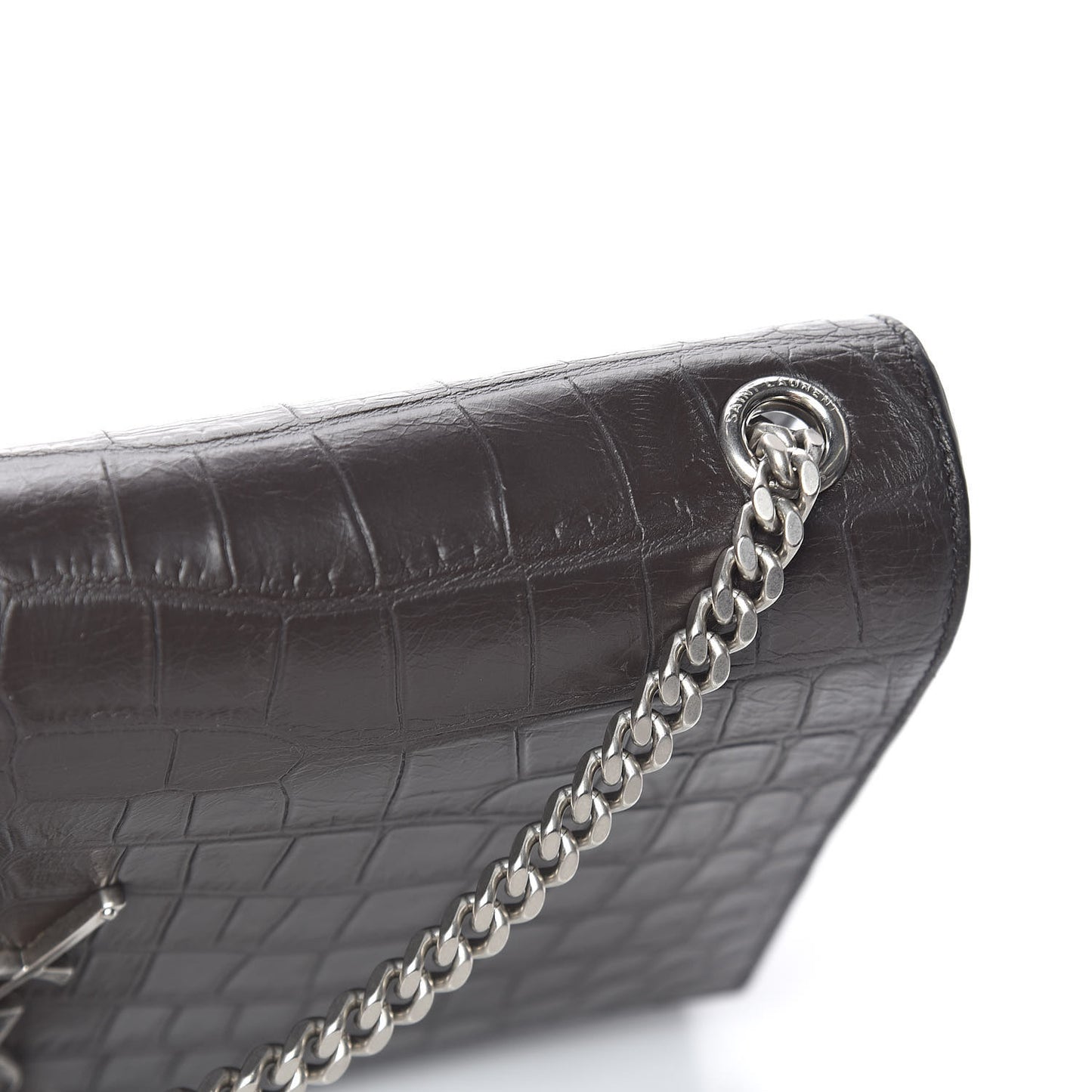 Calfskin Crocodile Embossed Medium Classic Monogram Kate Tassel Satchel Earth Grey