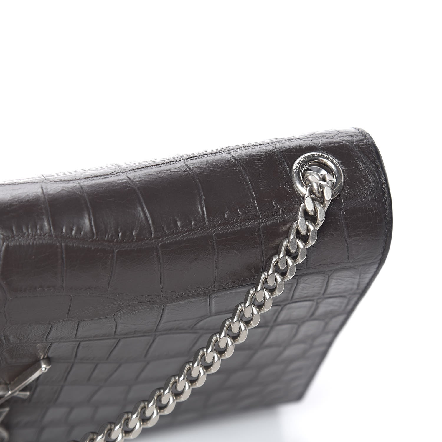 Saint Laurent Calfskin Crocodile Embossed Medium Classic Monogram Kate Tassel Satchel Earth Grey 11 of 11