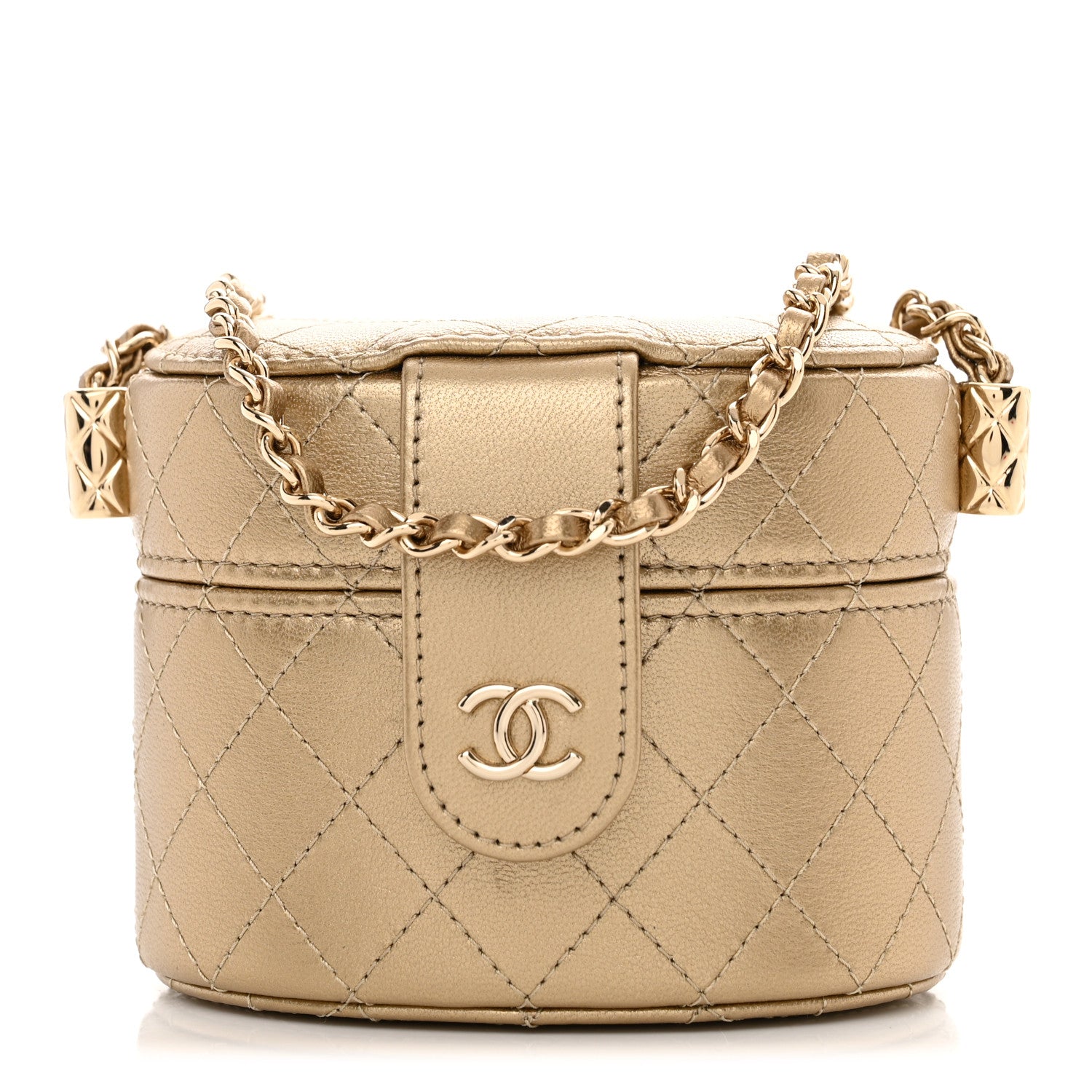 Chanel Metallic Lambskin Quilted Round Mini Vanity Case With Chain Gold 1 of 11