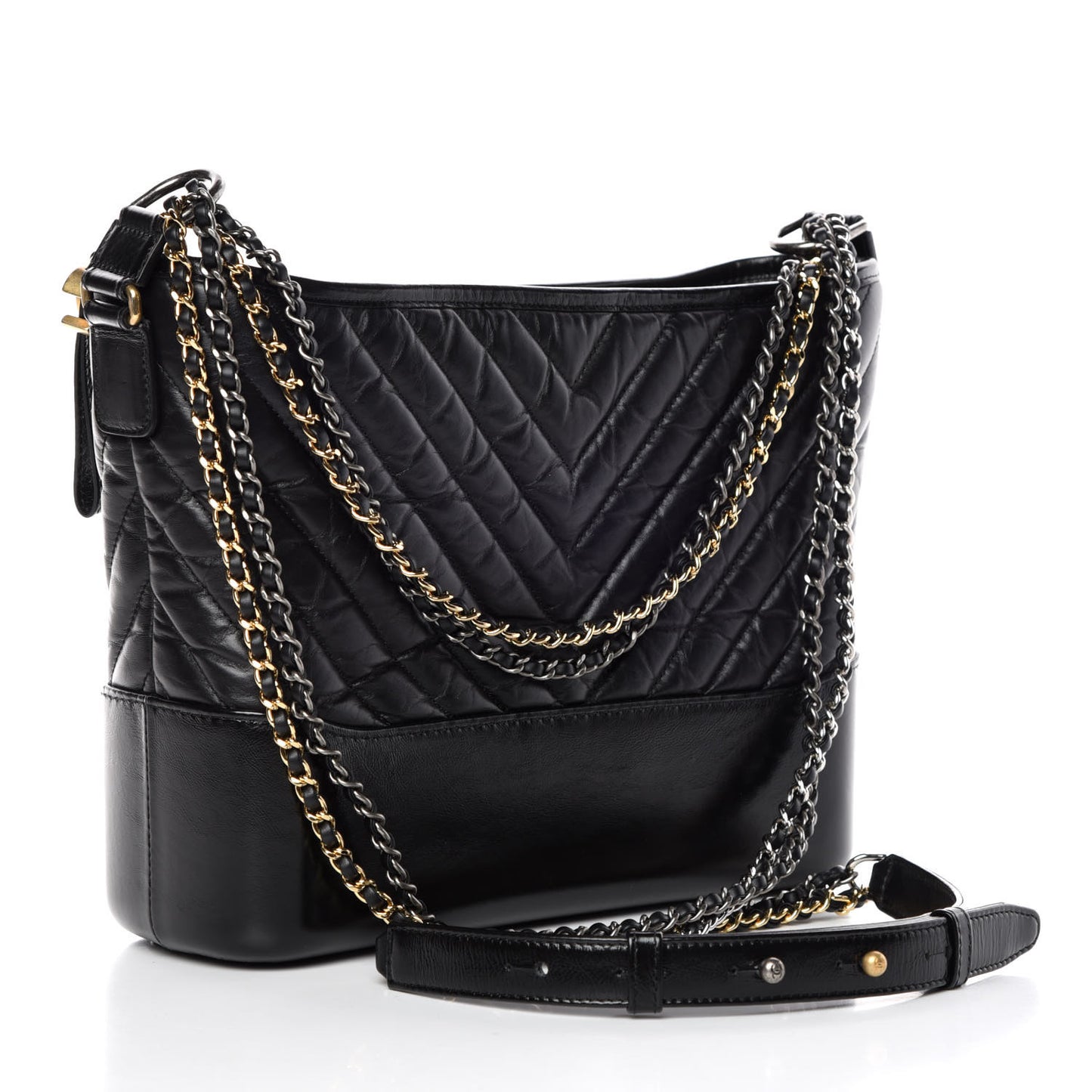 Aged Calfskin Chevron Quilted Medium Gabrielle Hobo Black