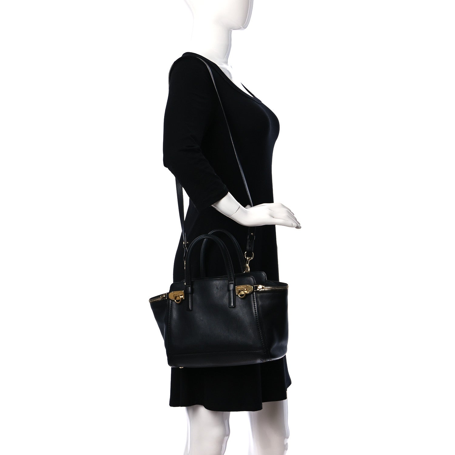 Salvatore Ferragamo Calfskin Small Verve Double Zip Tote Black 2 of 9