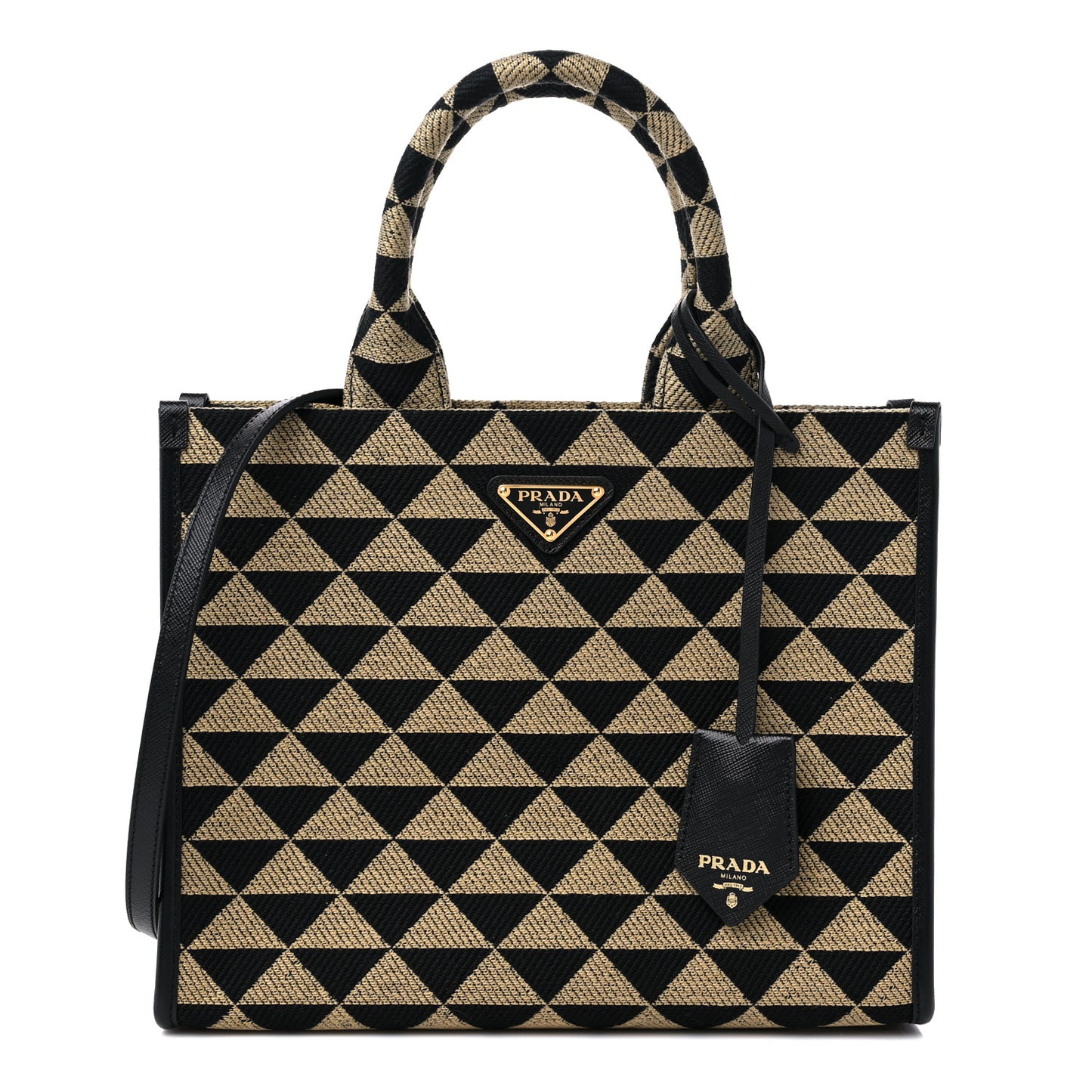 Jacquard Saffiano Triangolo Symbole Embroidered Small Tote Black Corda