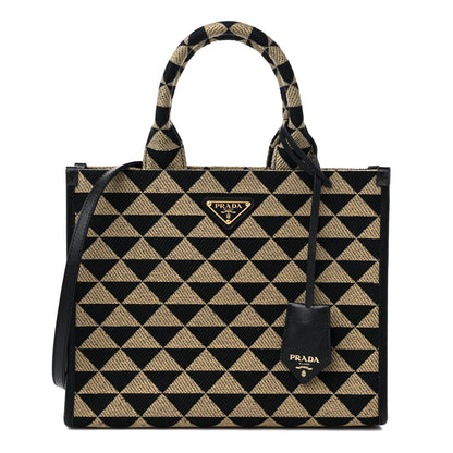 Prada Jacquard Saffiano Triangolo Symbole Embroidered Small Tote Black Corda 1 of 8