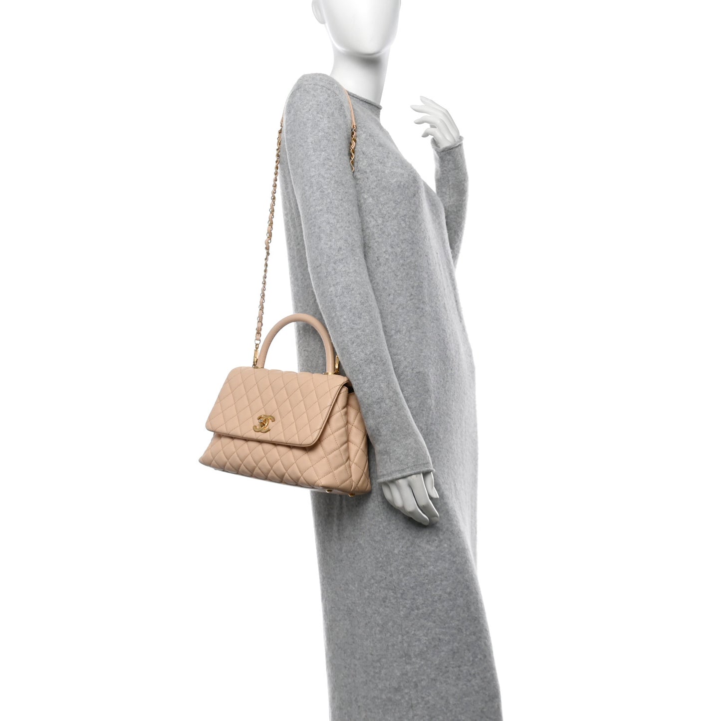 Caviar Quilted Small Coco Handle Flap Beige