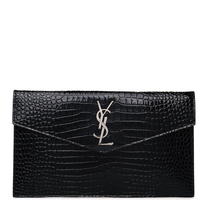 Saint Laurent Calfskin Crocodile Embossed Uptown Monogram Clutch Black 1 of 7