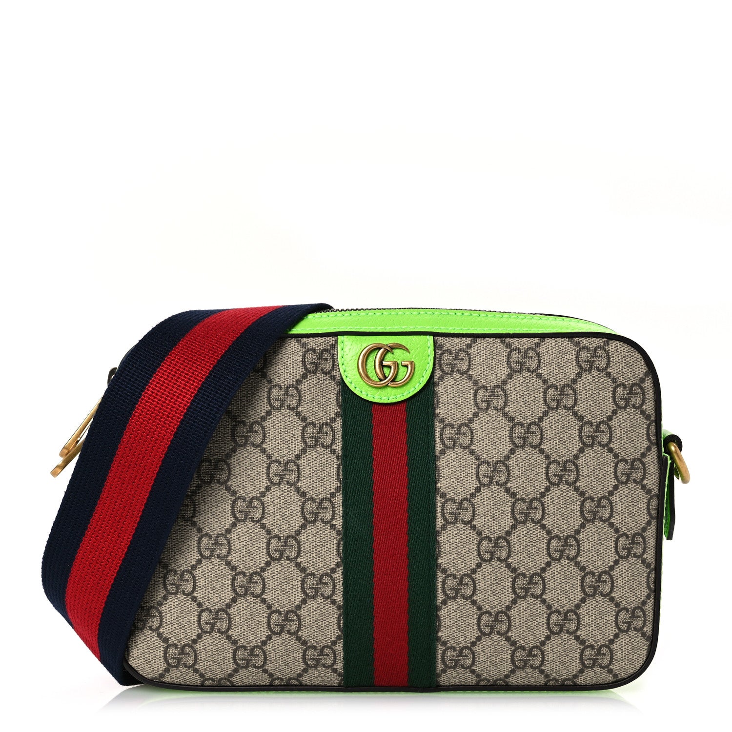 Gucci GG Supreme Monogram Textured Dollar Calfskin Web Ophidia Wristlet Shoulder Bag Beige Ebony Green 1 of 13