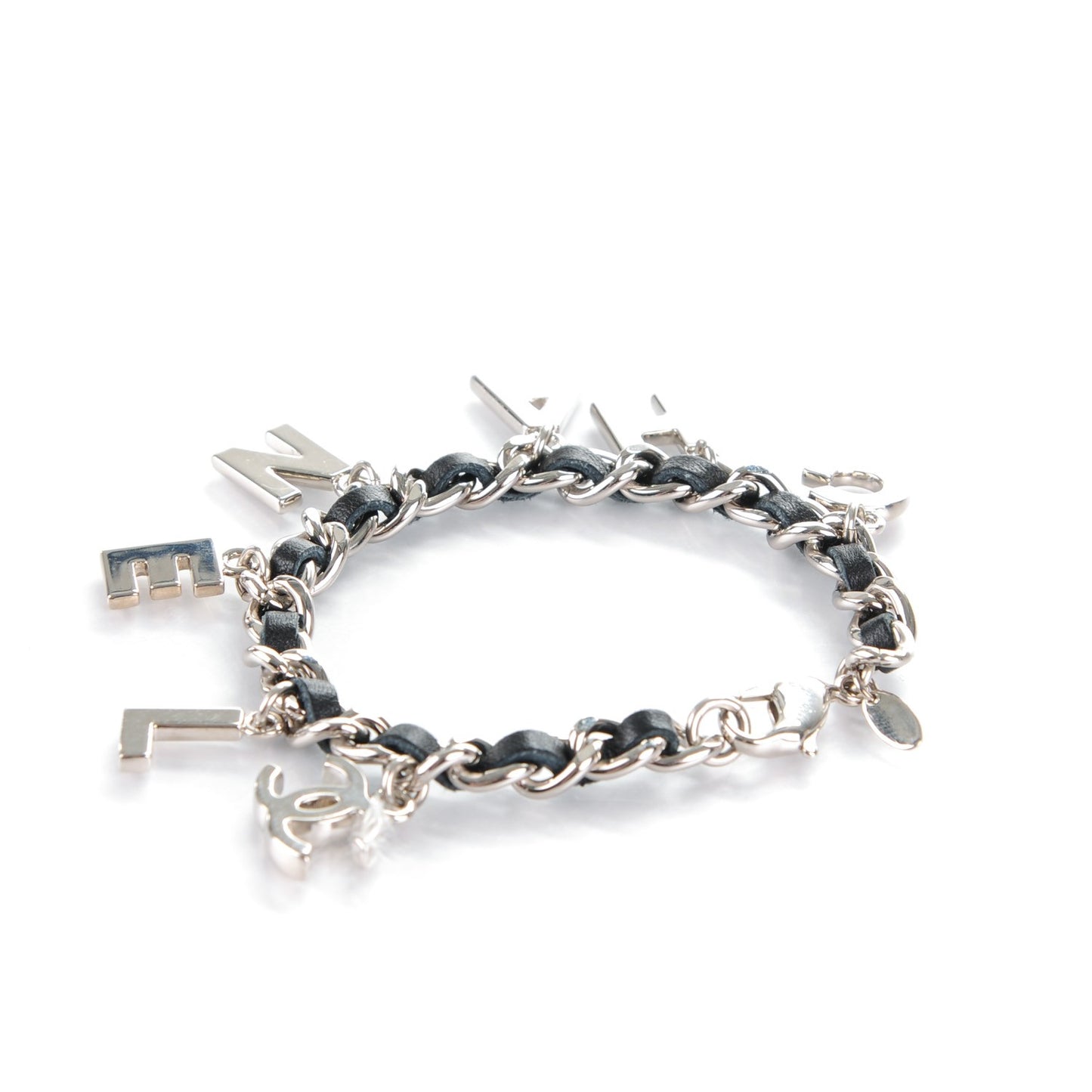 Lambskin Chain Logo Charms Bracelet Black Silver