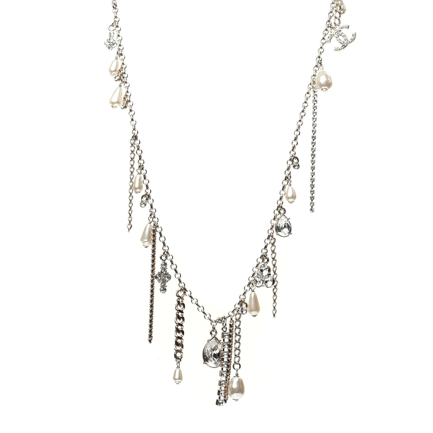 Pearl Crystal CC Long Necklace Gold