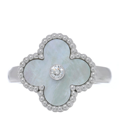 Van Cleef & Arpels 18K White Gold Diamond Mother of Pearl Vintage Alhambra Ring 52 6 1 of 4