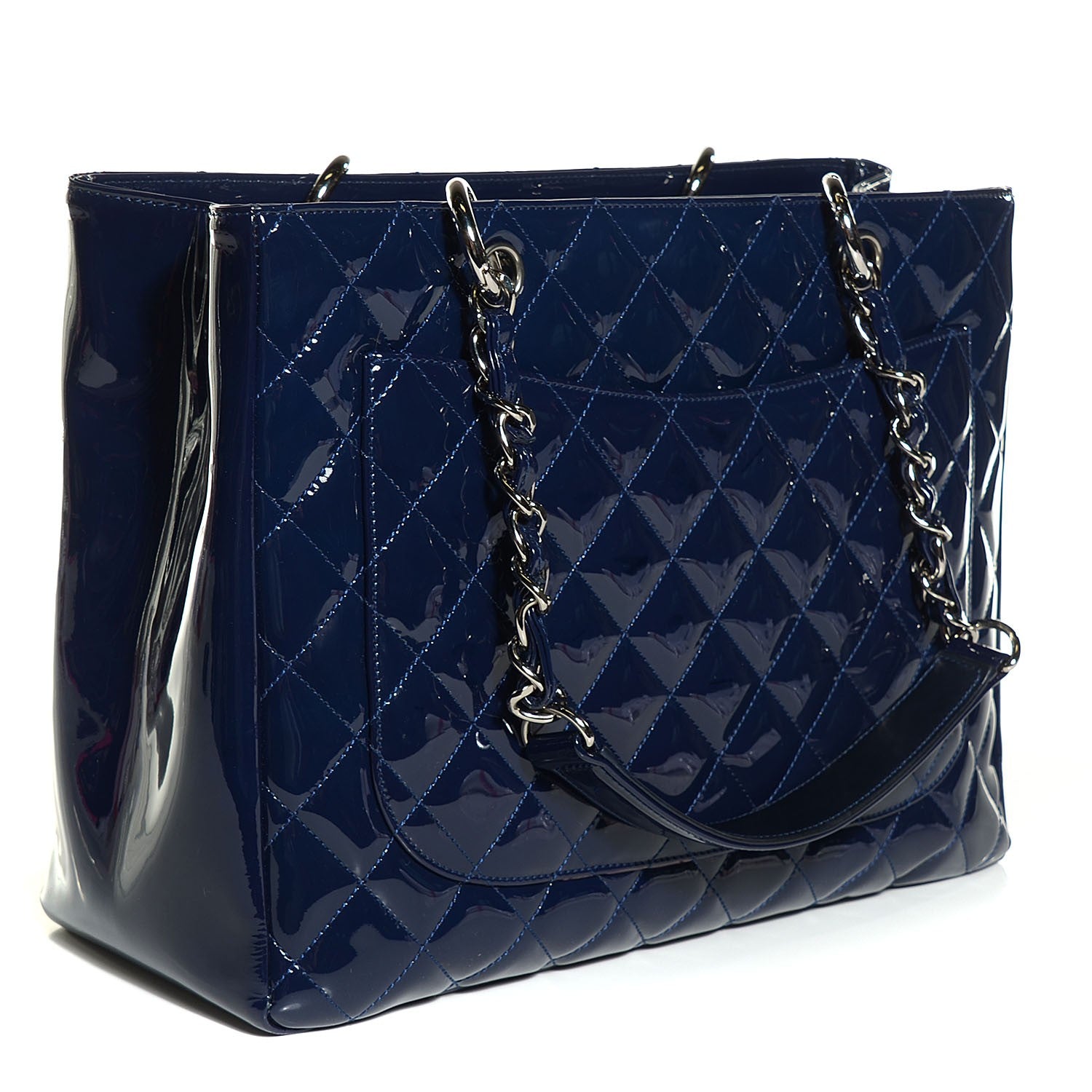 Chanel Quilted Patent Grand Shopping Tote GST Navy Blue 3 of 8