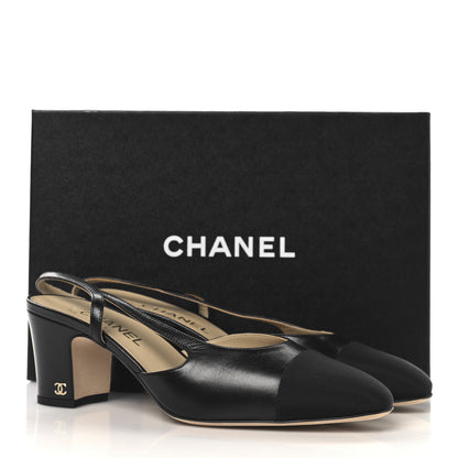 Chanel Goatskin Grosgrain Cap Toe CC Slingback Pumps 40 Black 10 of 10