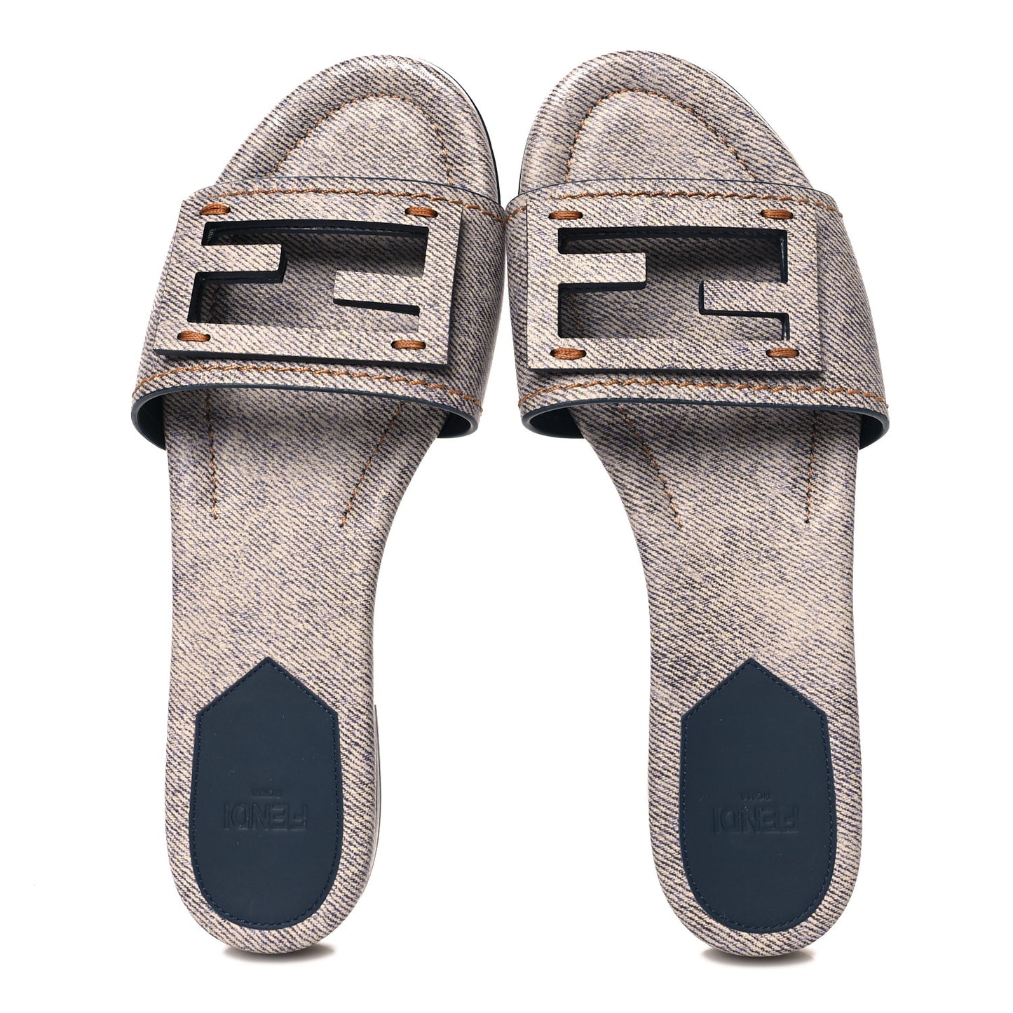 Vitello Pelle Stampa Denim Baguette Flat Slide Sandals 36 Azzurro