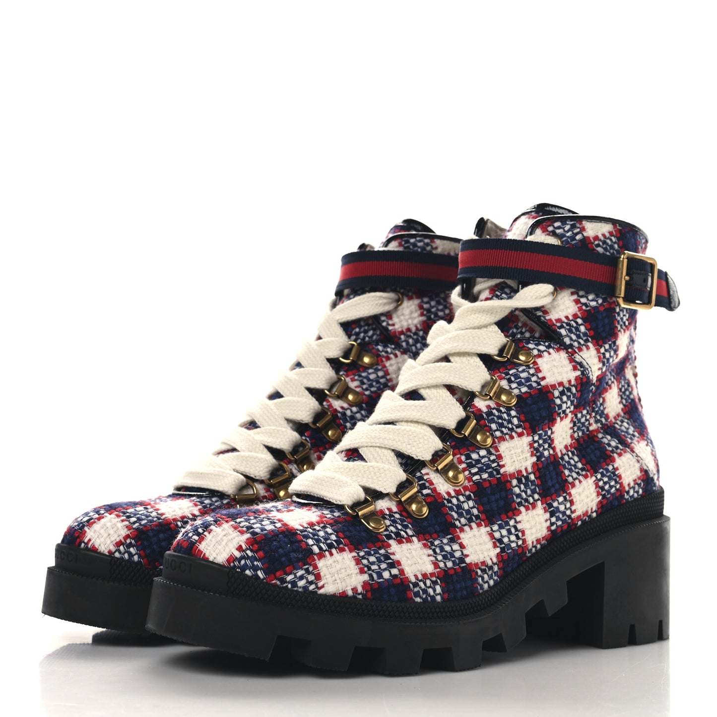 Vintage Tweed Check Lace Up Combat Ankle Boots 41 White Hibiscus Red Marine