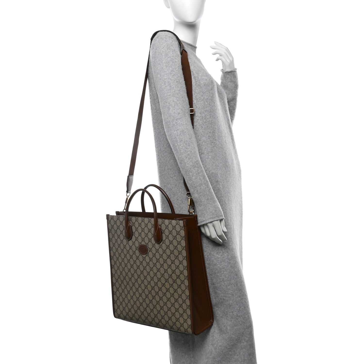 Gucci GG Supreme Monogram Textured Dollar Calfskin Web Medium Retro Interlocking G Vertical Tote Bag Beige Ebony Brown Sugar 2 of 10