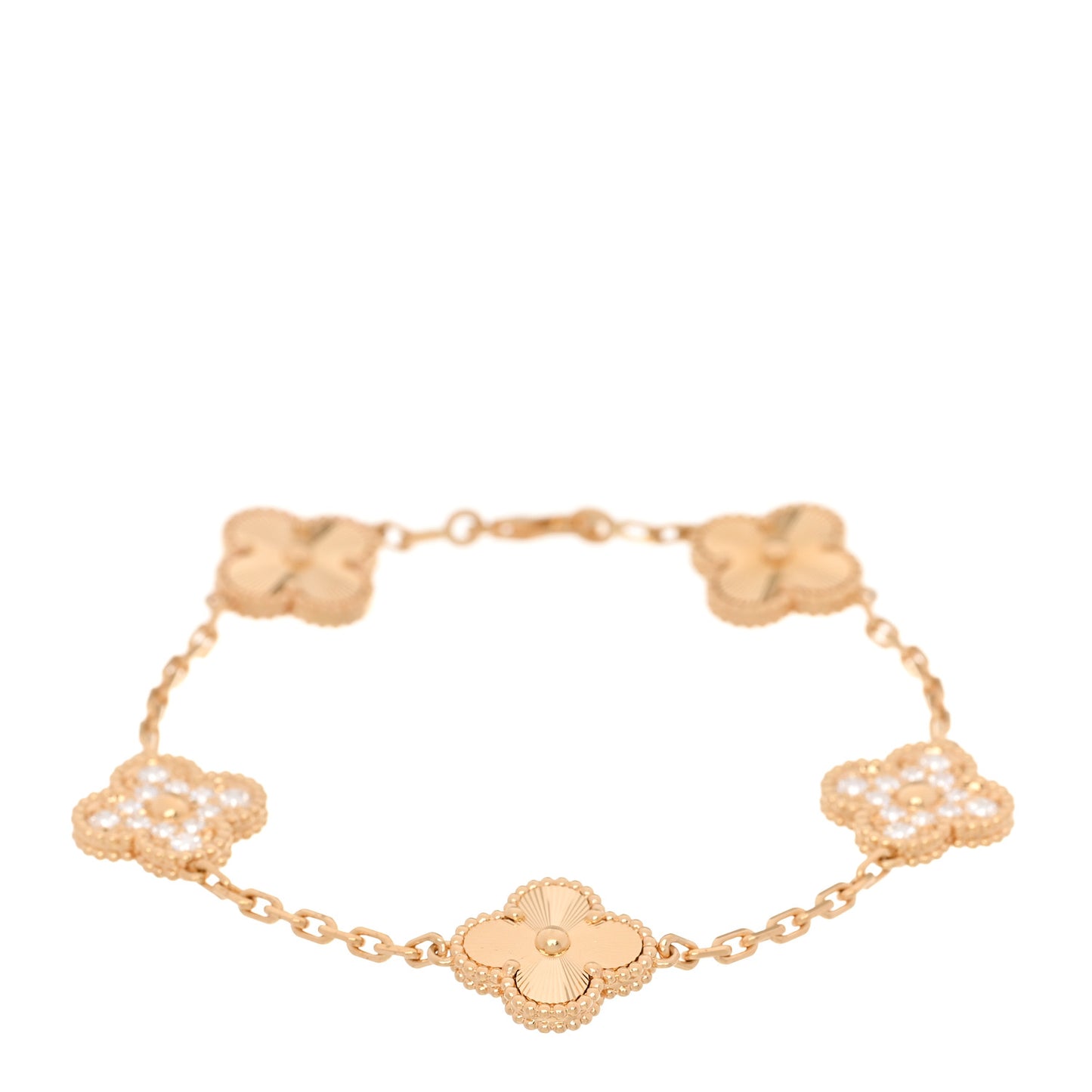 18K Yellow Gold Diamond 5 Motifs Guilloche Vintage Alhambra Bracelet