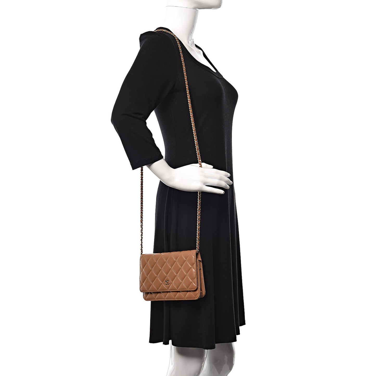 Lambskin Quilted Wallet on Chain WOC Dark Beige