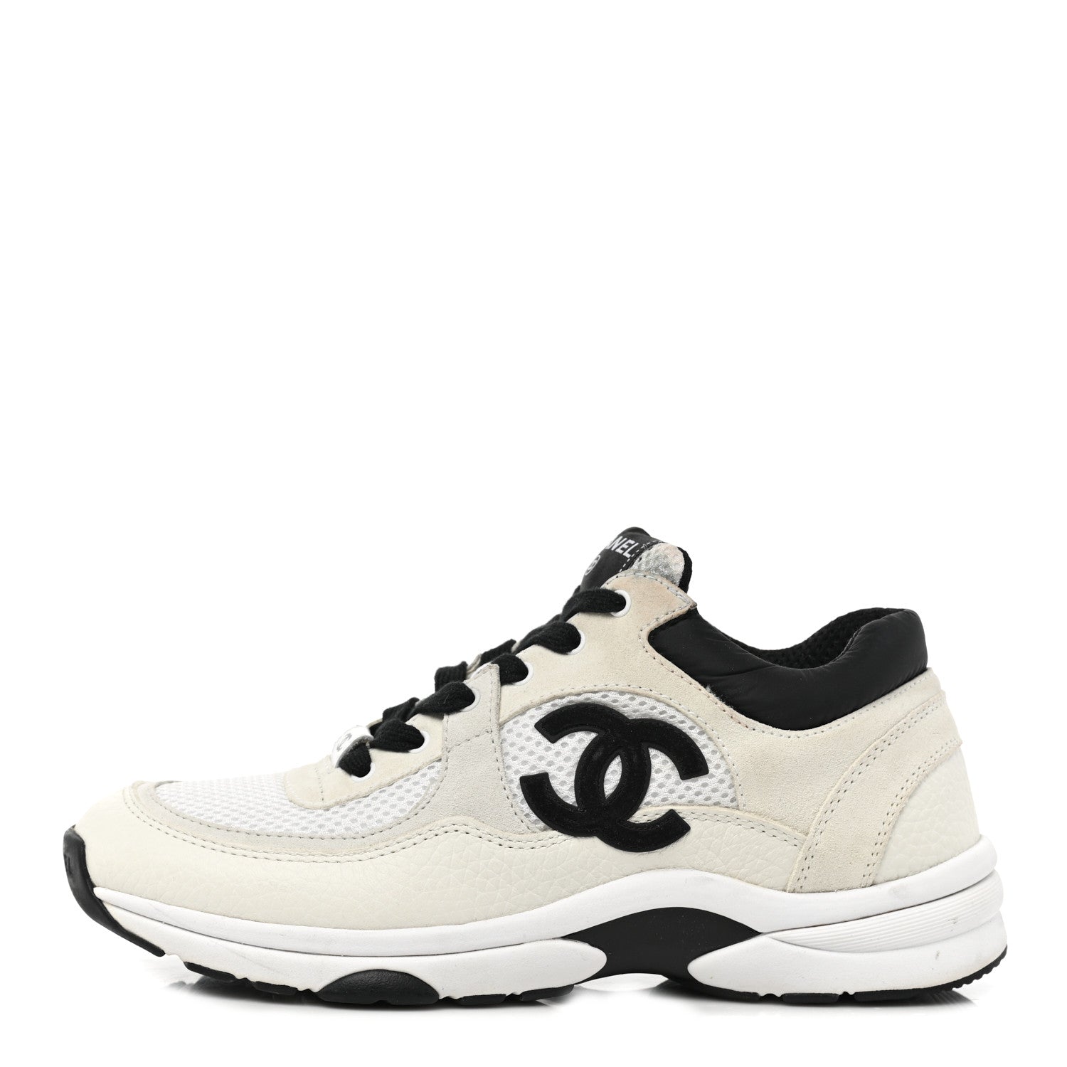 Chanel Mesh Suede Grained Calfskin Womens CC Sneakers 38 Black White 1 of 8