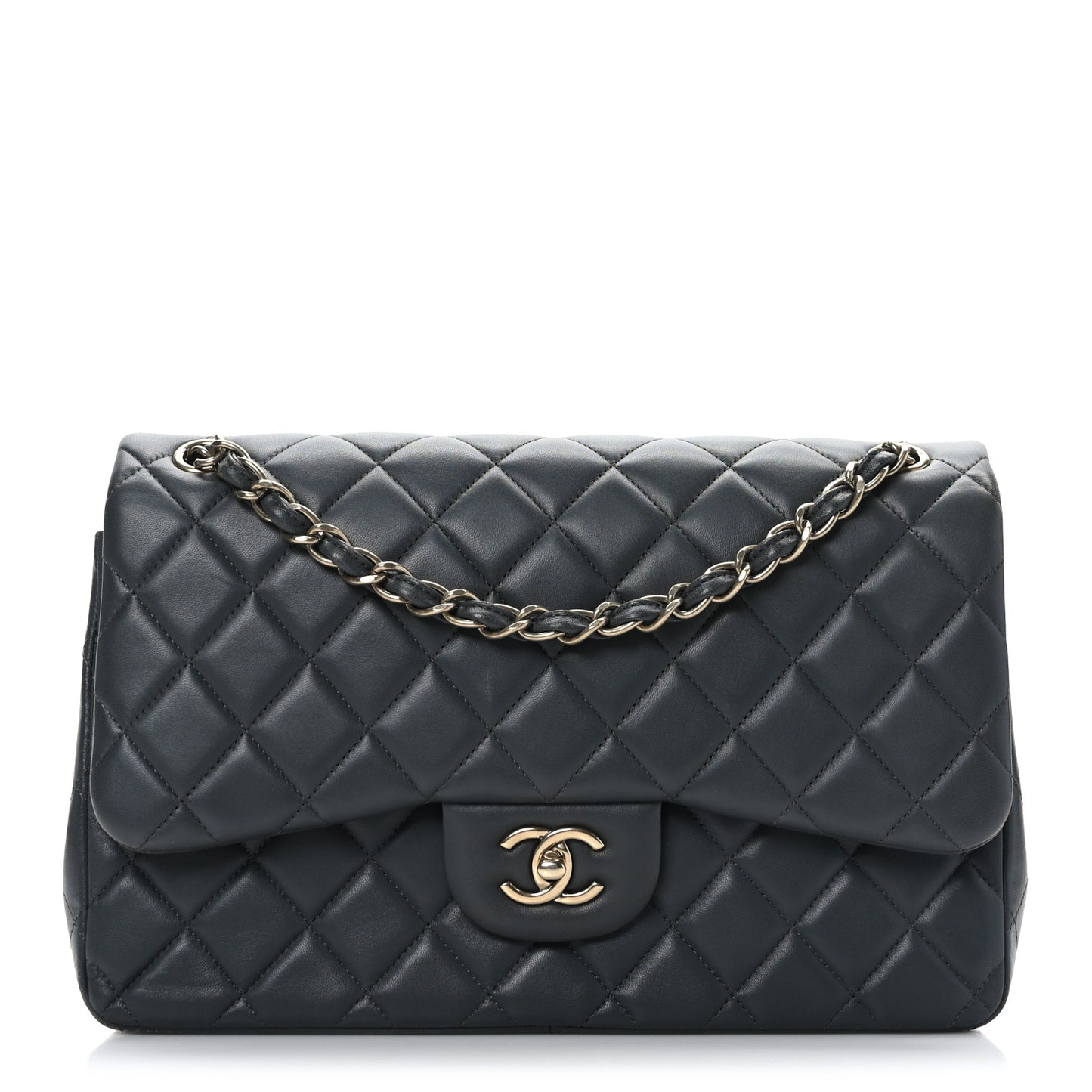 Lambskin Quilted Jumbo Double Flap Charcoal Grey