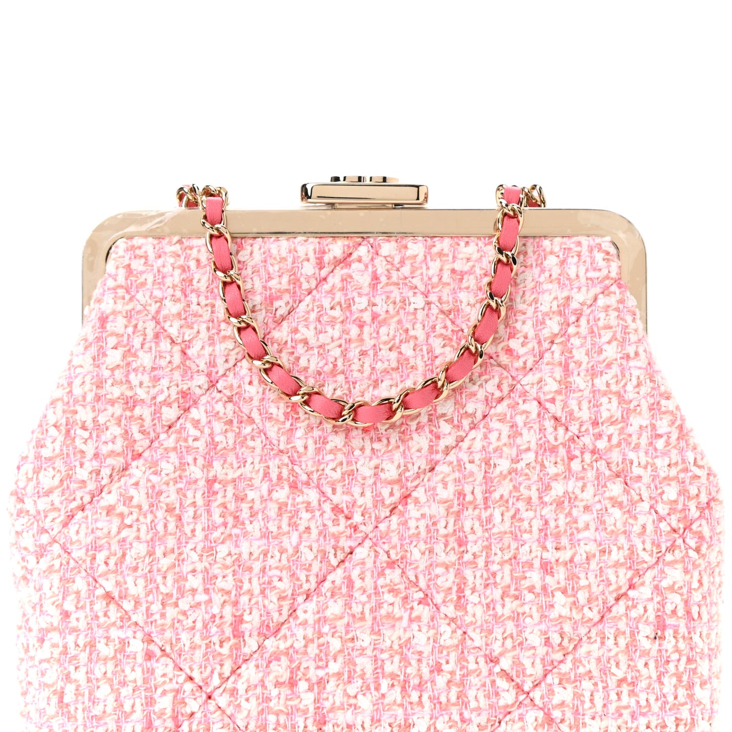 Tweed Kiss Lock Phone Holder With Chain Pale Pink Ecru