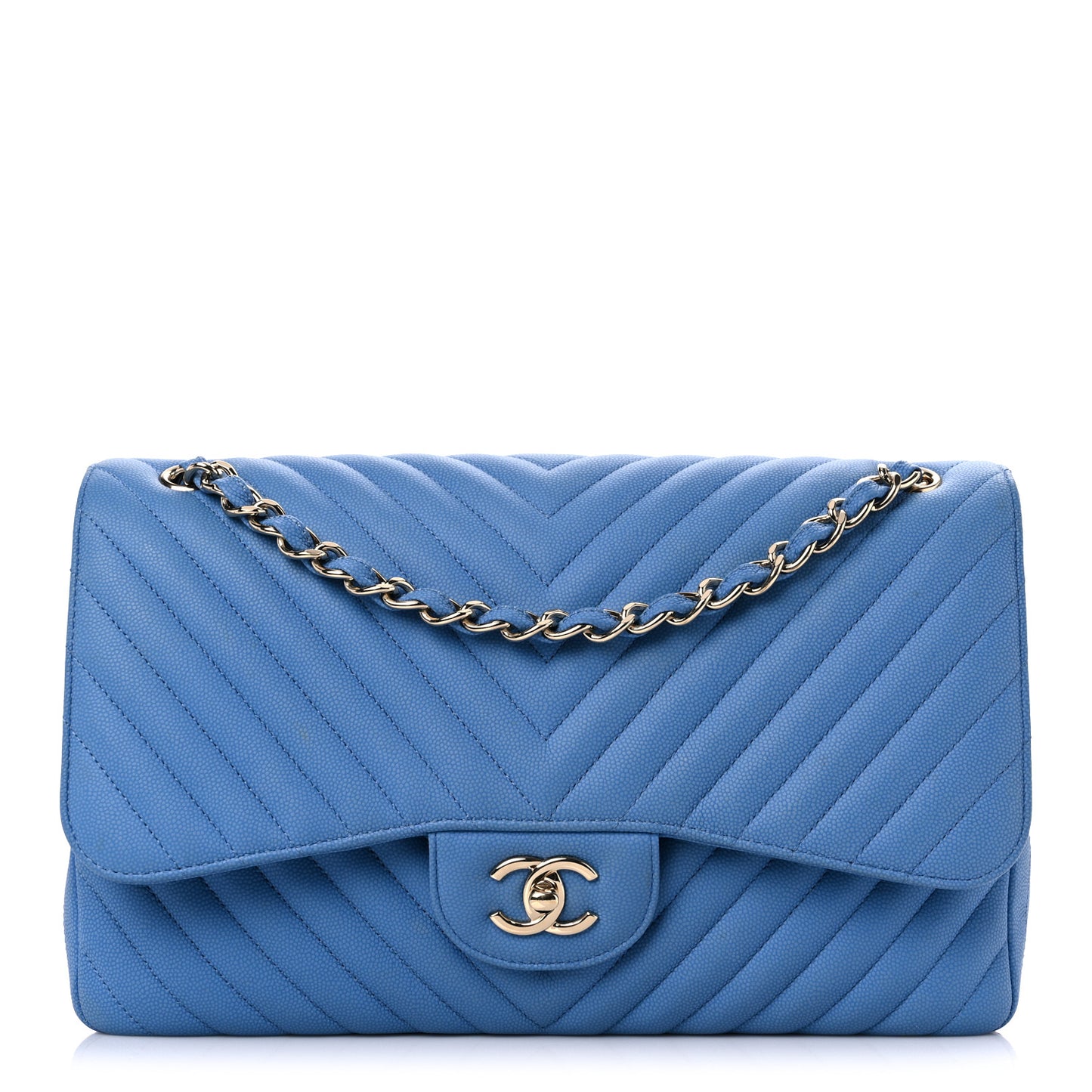 Caviar Flat Chevron Quilted Jumbo Double Flap Blue