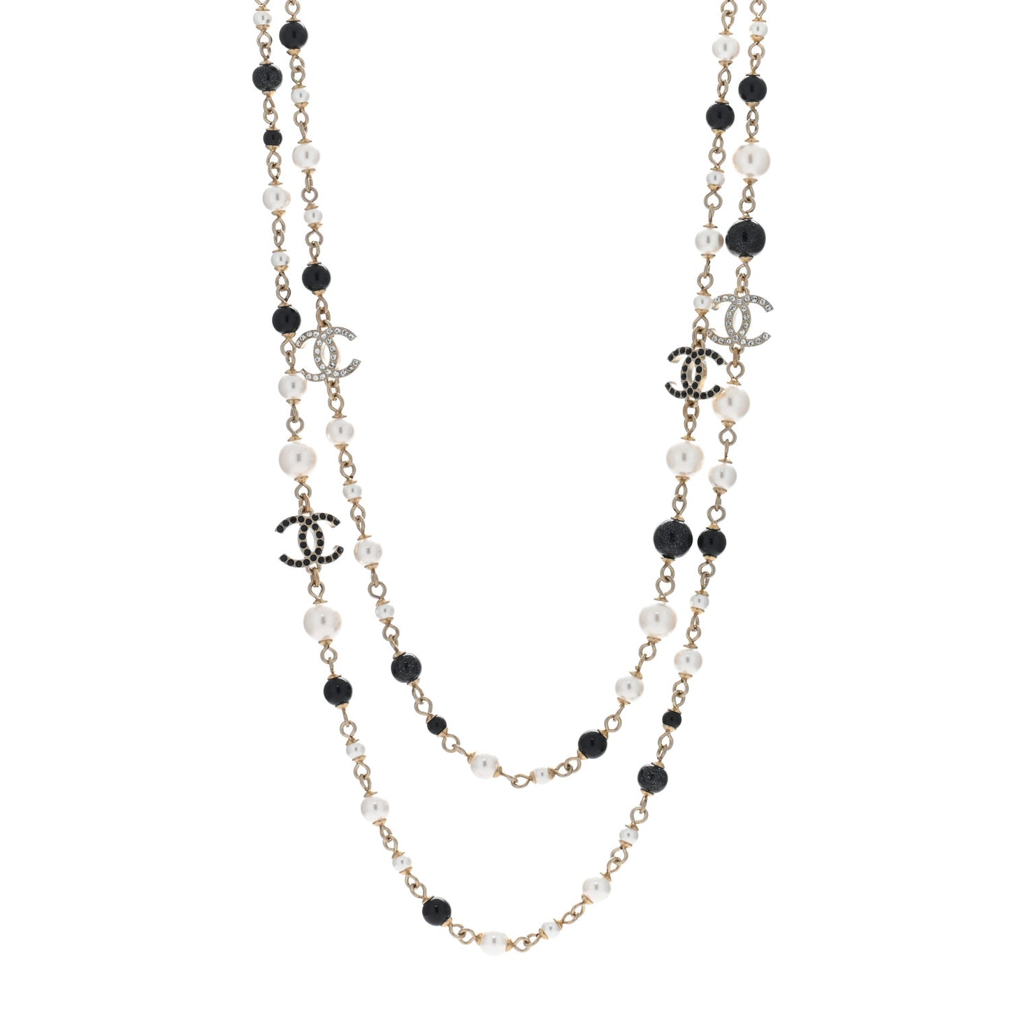 Pearl Bead Crystal CC Long Necklace Black Gold