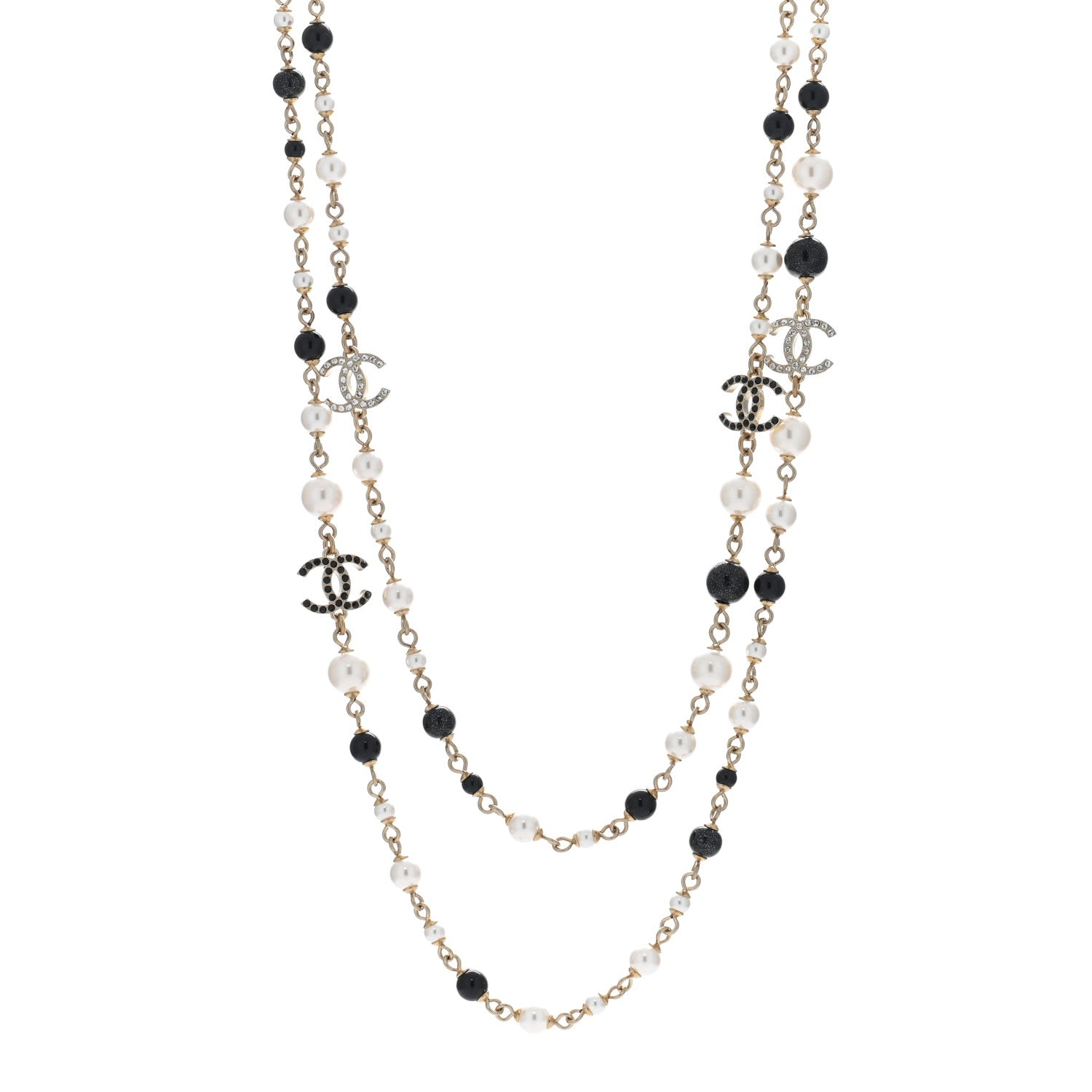 Chanel Pearl Bead Crystal CC Long Necklace Black Gold 1 of 4