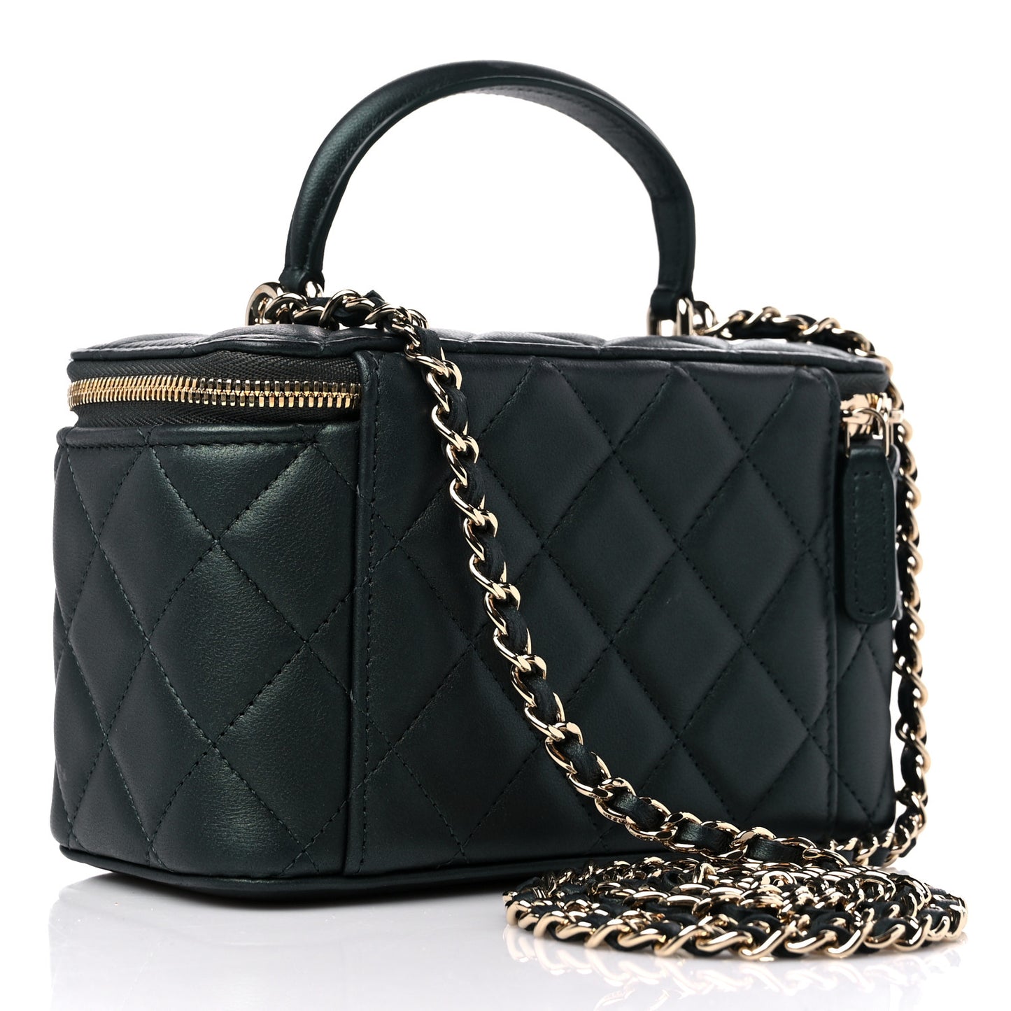 Iridescent Lambskin Quilted Small Top Handle Vanity Case With Chain Dark Green