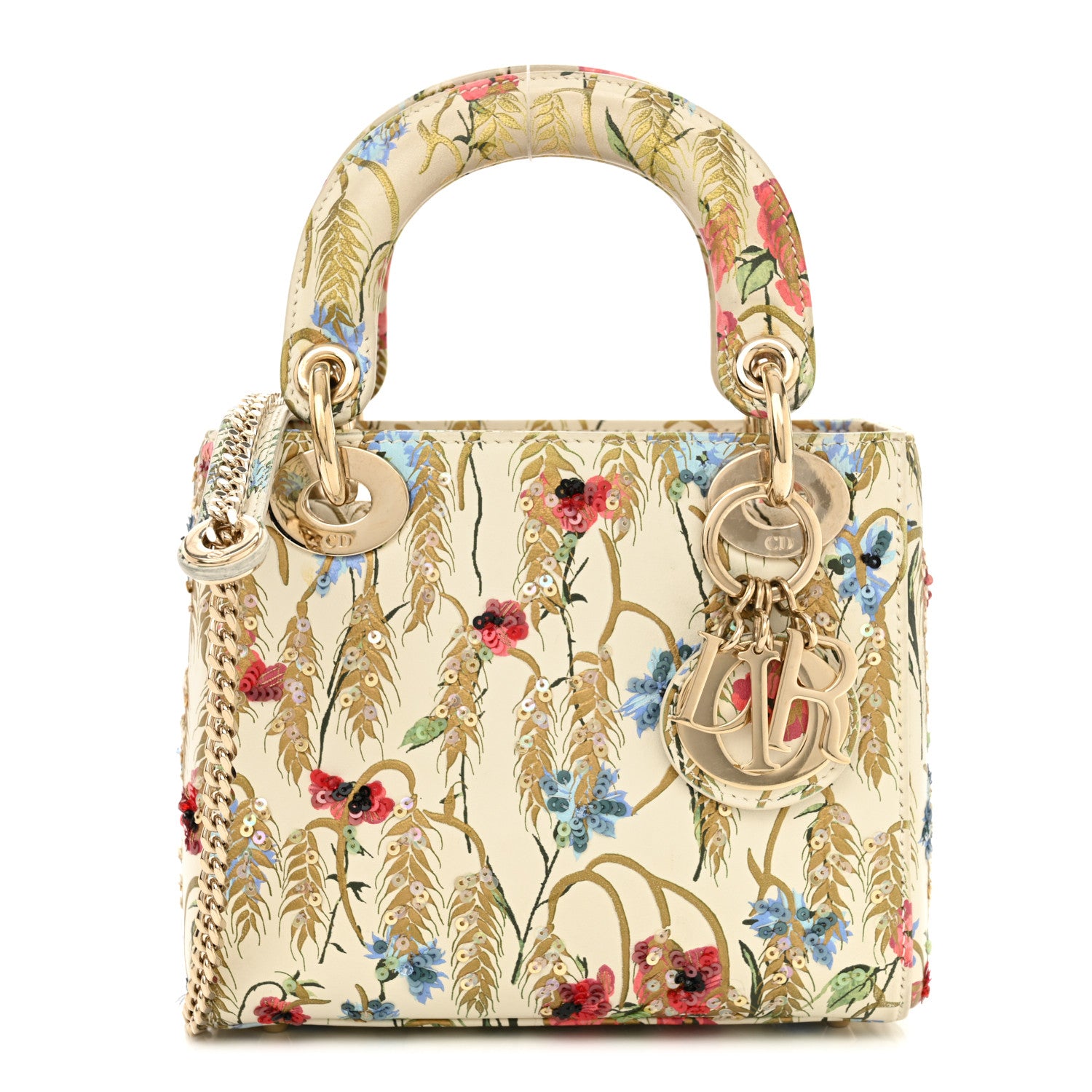 Christian Dior Calfskin Hibiscus Printed Embroidered Mini Lady Dior Beige Multicolor 1 of 14