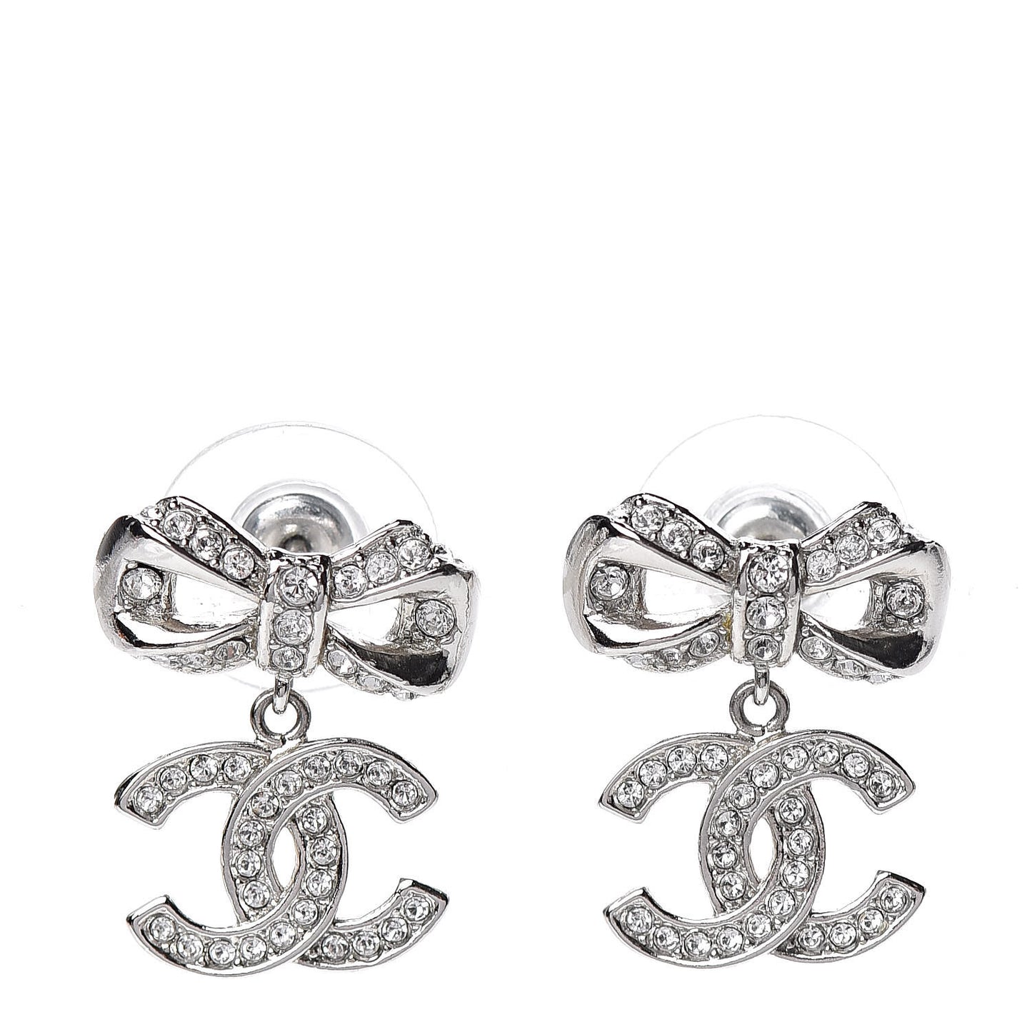 Crystal CC Bow Drop Earrings Silver