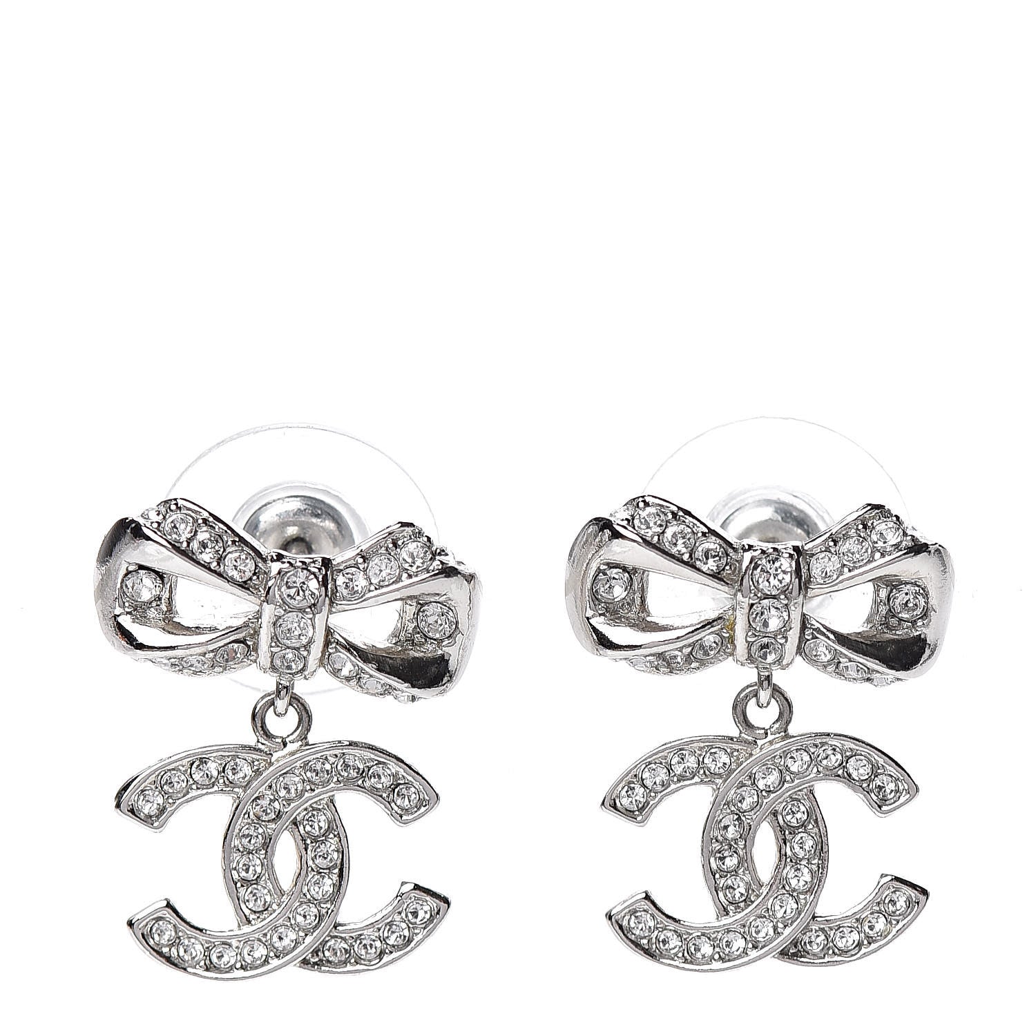 Chanel Crystal CC Bow Drop Earrings Silver 1 of 4