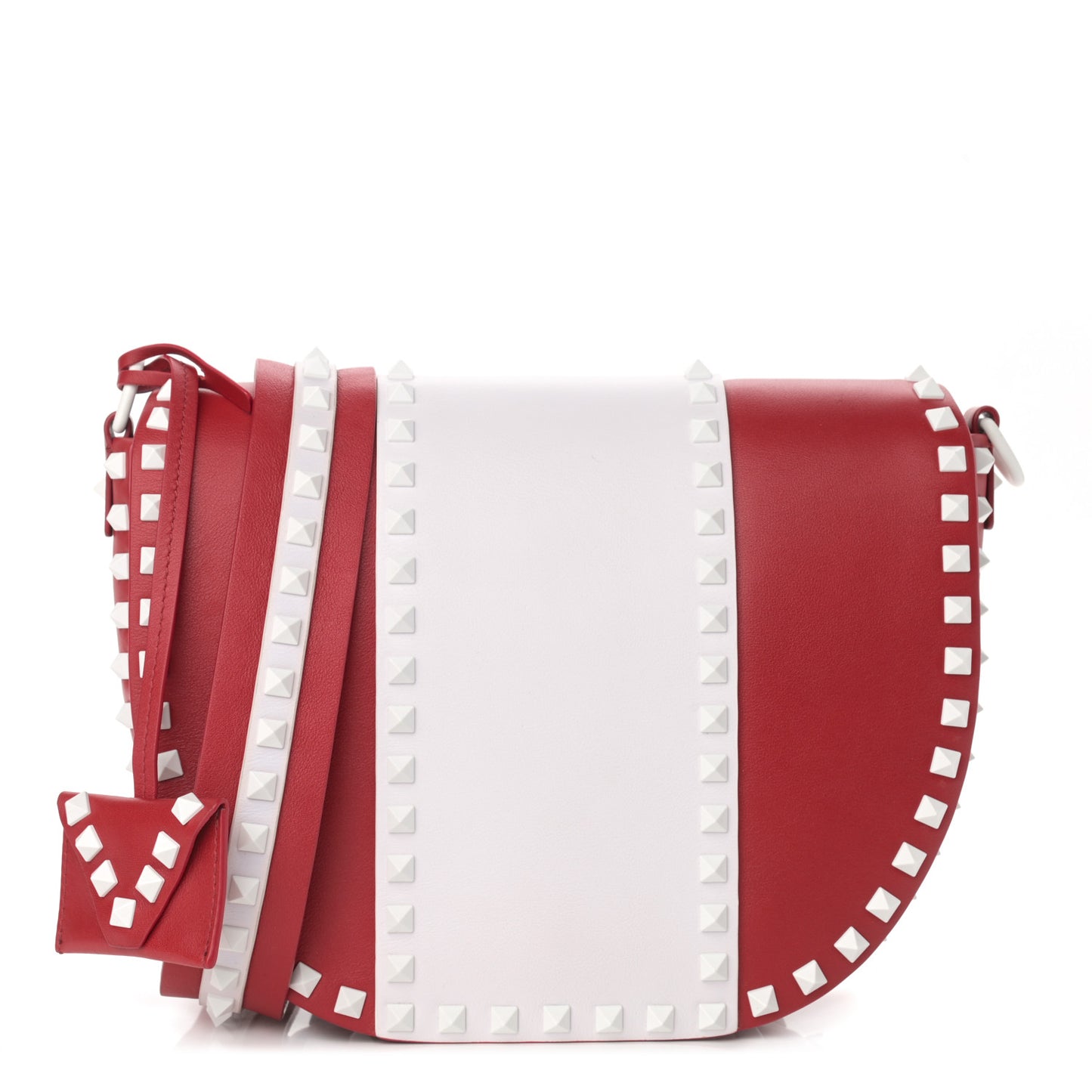 Vitello Colorblock Large Free Rockstud Halfmoon Saddle Bag Rosso Valentino White
