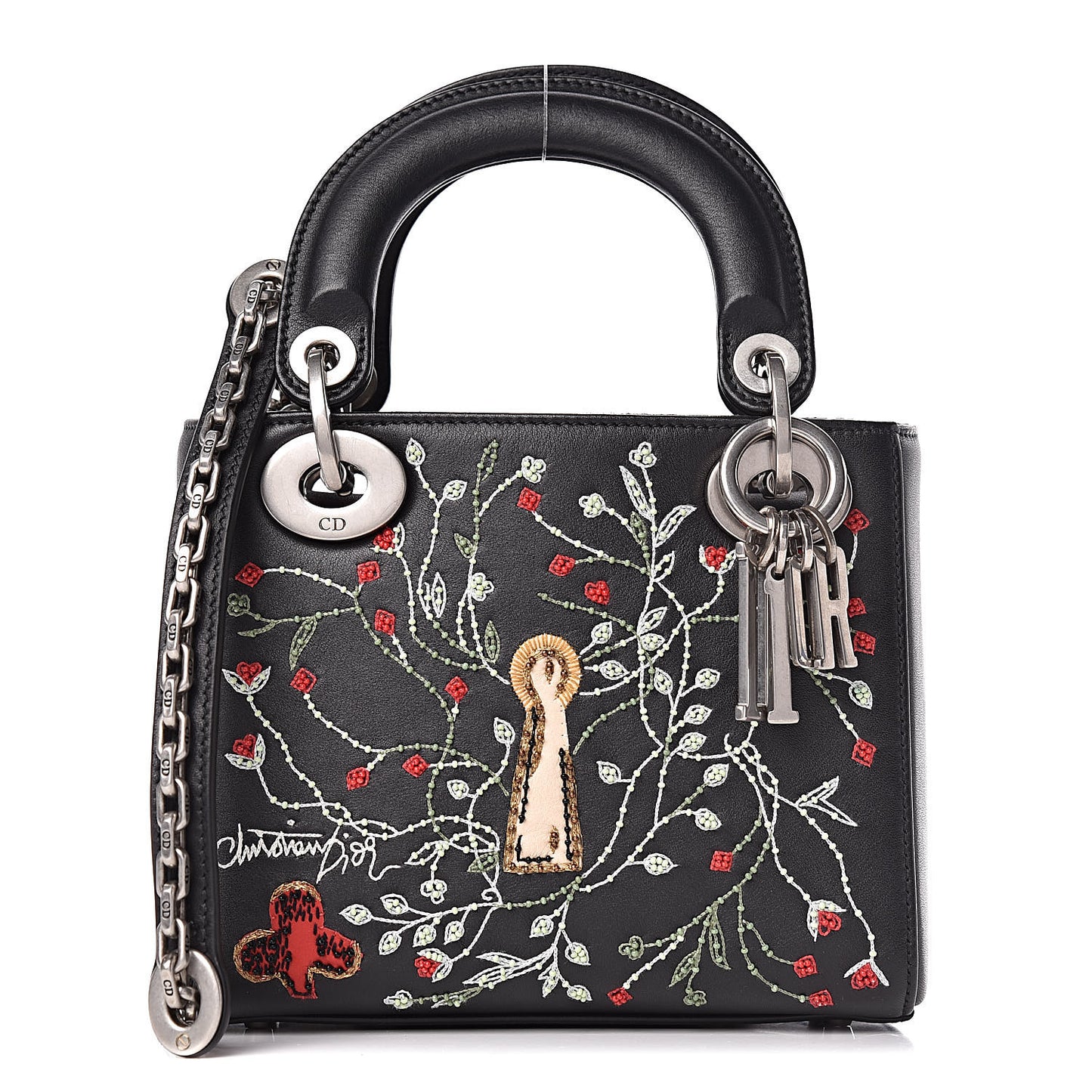 Smooth Calfskin Embroidered Mini Lady Dior Black Multicolor
