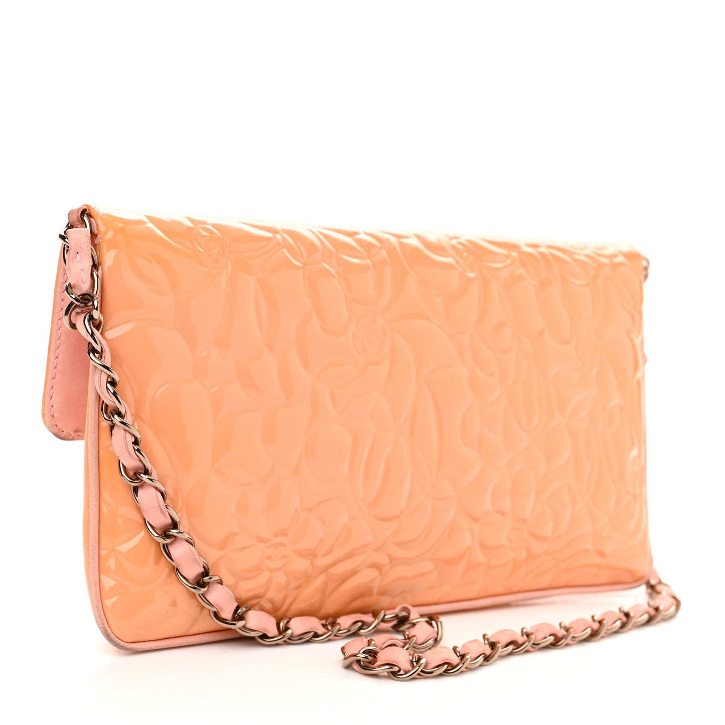 Patent Calfskin Camellia Embossed Flap Pochette Pink