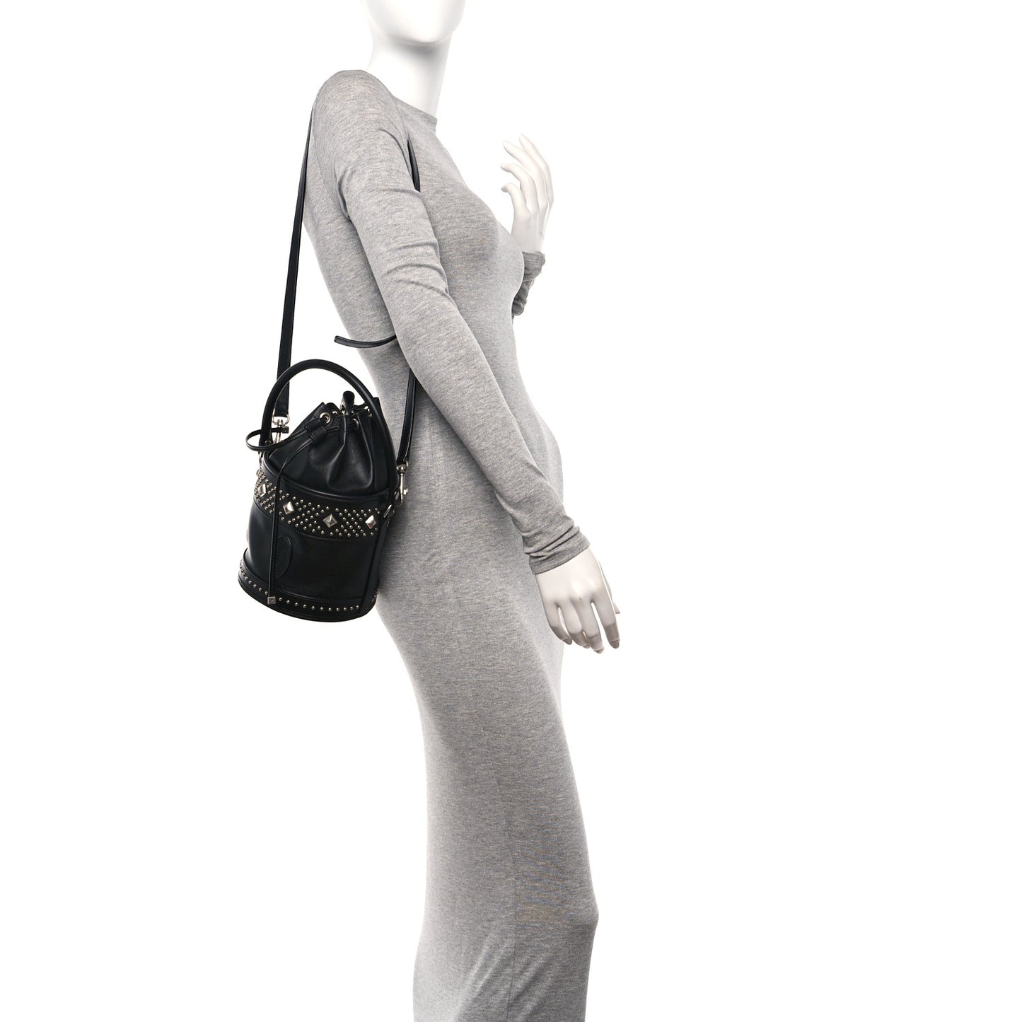 Smooth Calfskin Studded Small Bahia Drawstring Bucket Bag Black