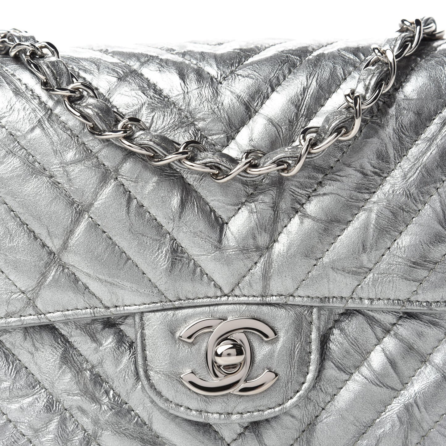 Metallic Patent Crumpled Calfskin Chevron Quilted Mini Square Flap Silver